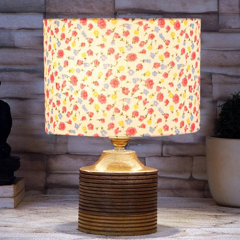 Landon Multicolor cotton table lamp with Natural Wood Base