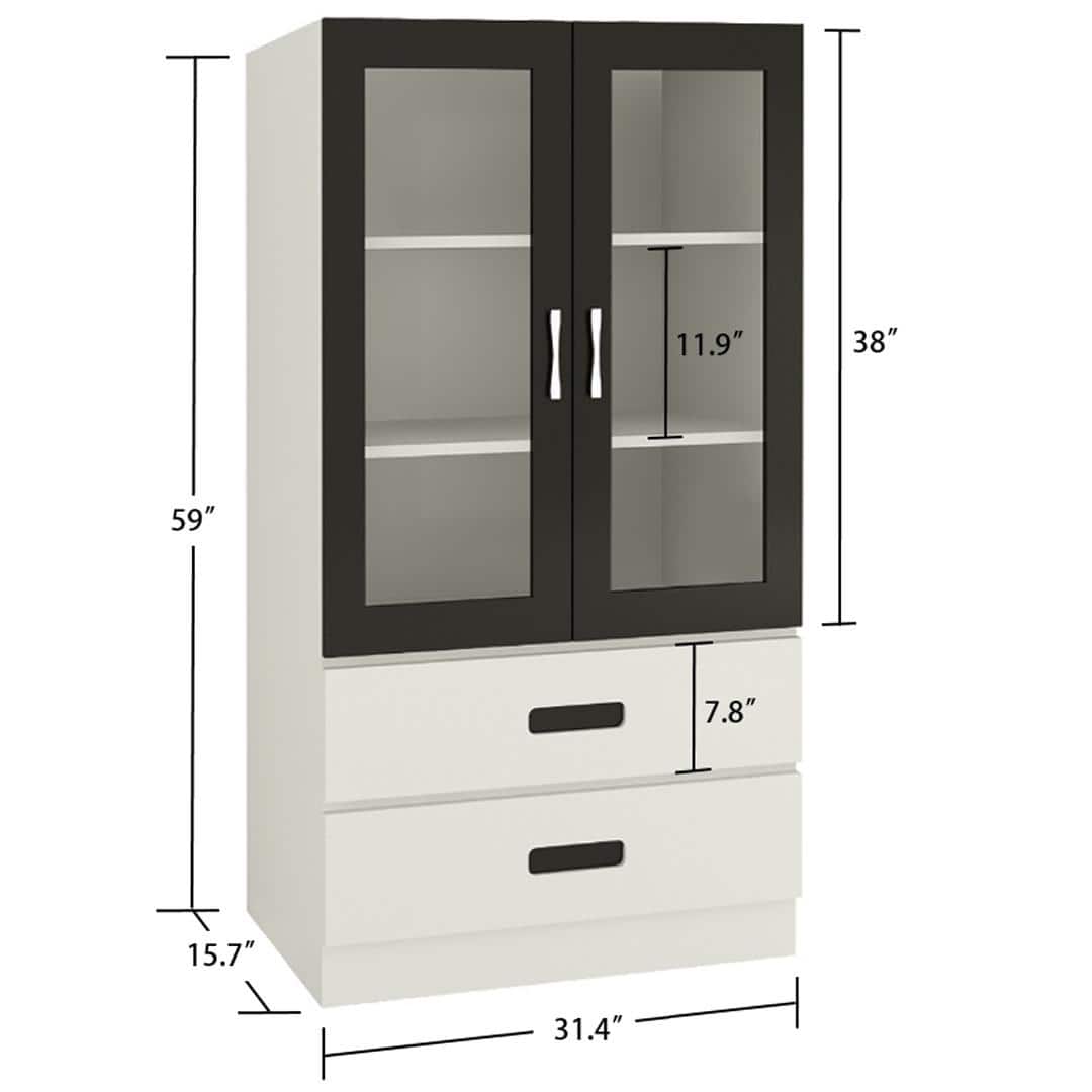 Paloma Large Crockery cum Bookshelf Cabinet with Toughened Glass Shutters and Drawers in Ivory Carbon Black Colour