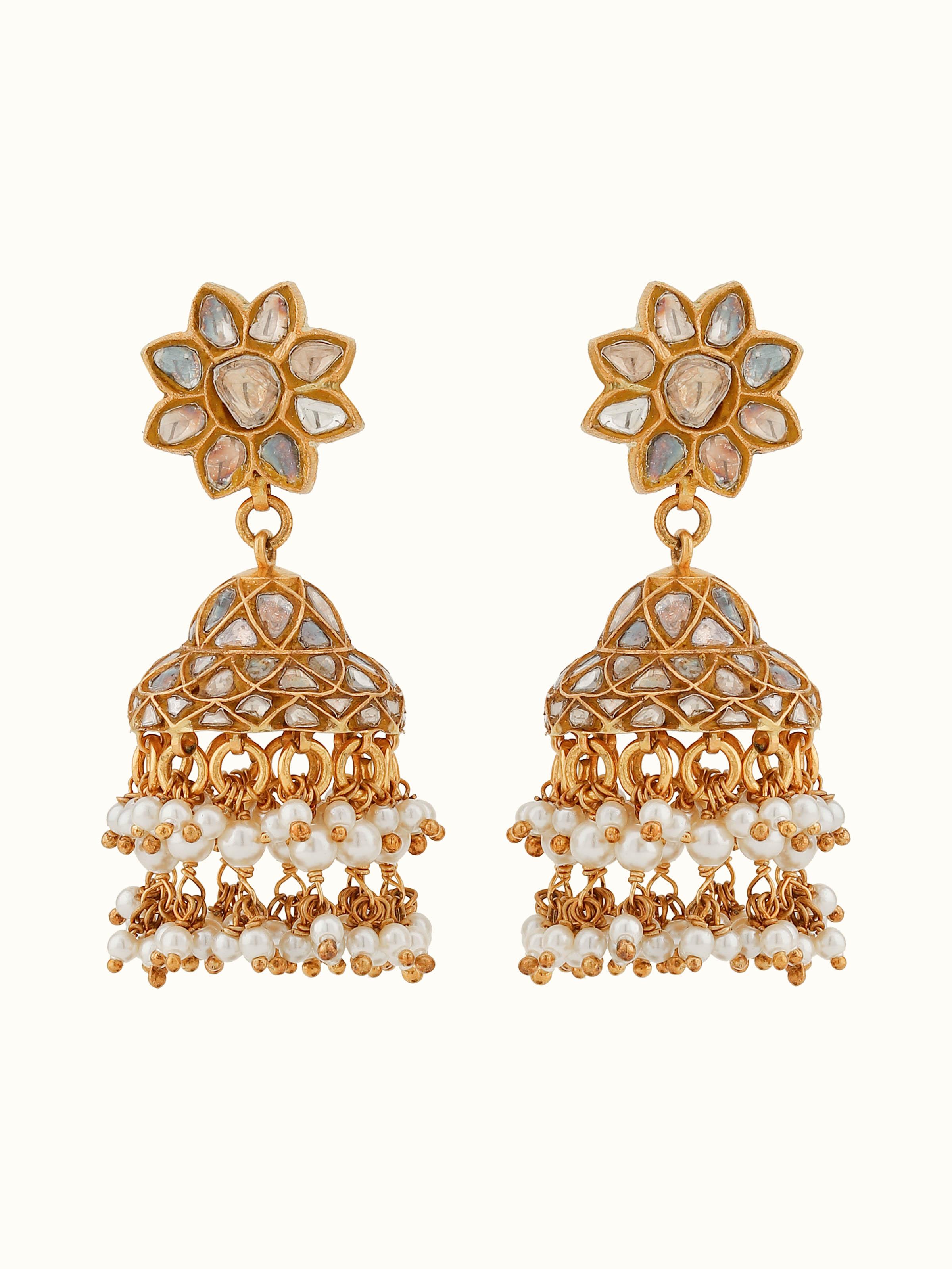 Front view of Thappa 22 karat gold jhumka highlighting intricate dome shape and fine engraving
