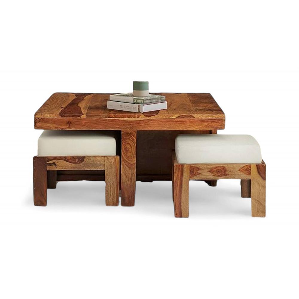 Blane Sheesham Wood Accent Coffee Table Set With 4 Stools In Natural Teak Finish
