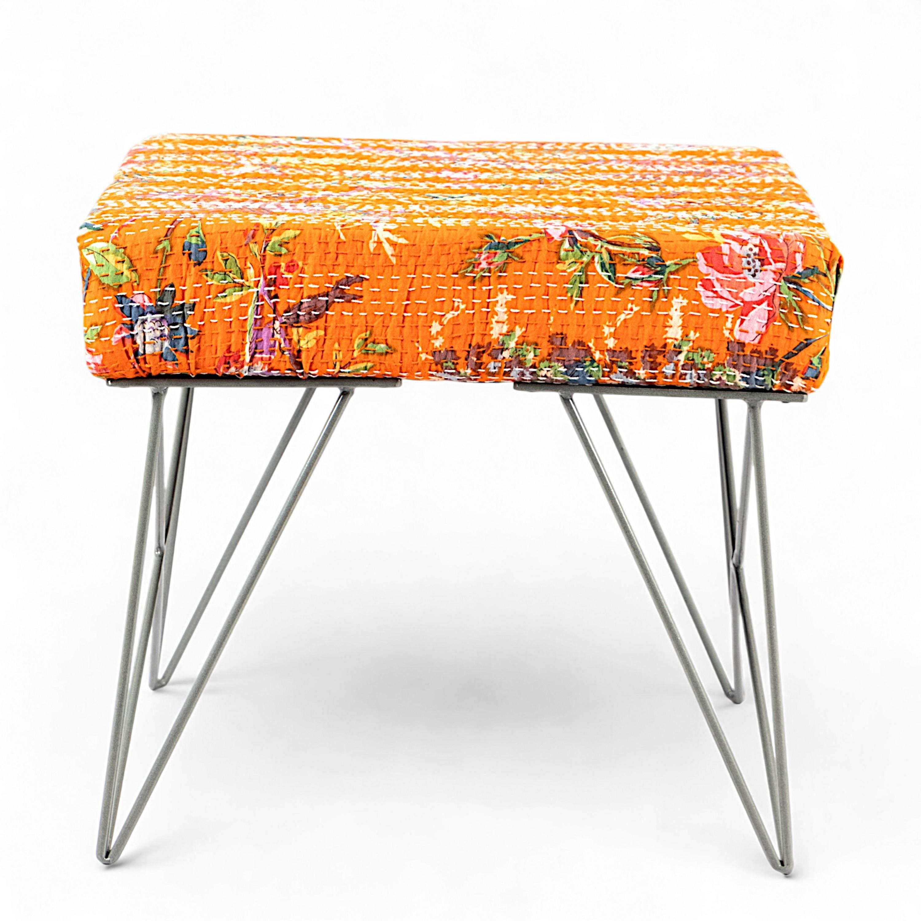 Asansol Sheesham Wood Mid Century Square Stool     in Bird Print Orange Kantha Upholstery