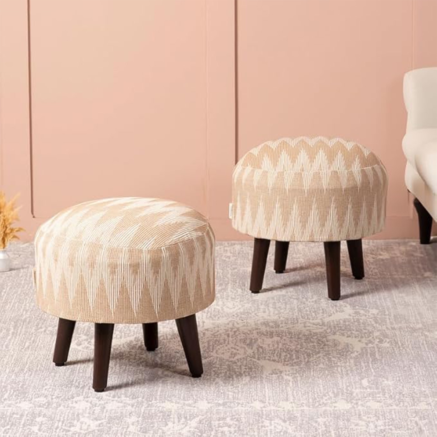 Crest Jacquard Wooden Ottoman in Beige Color Set of 2 - Nestroots