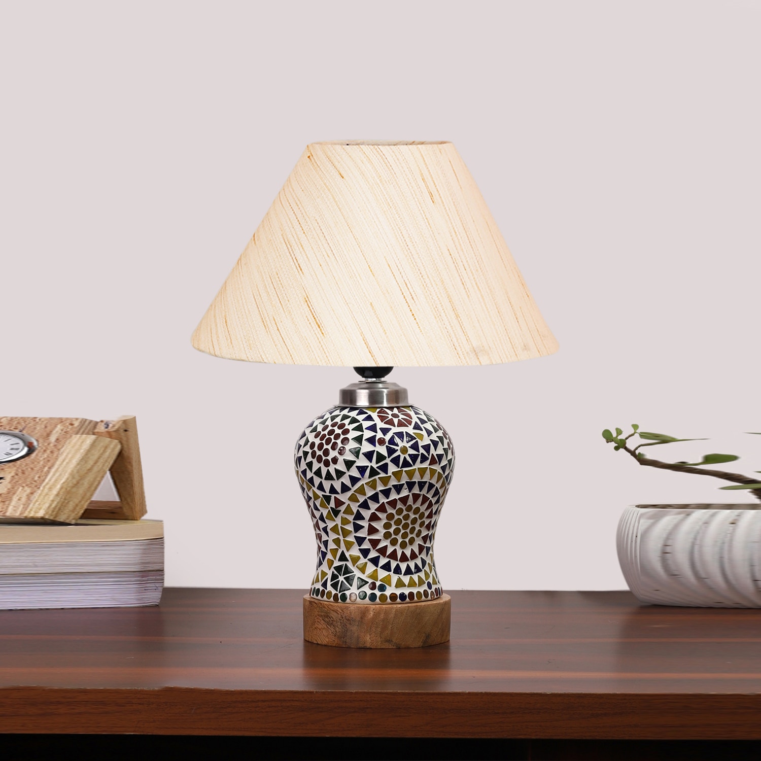 Devansh Conical Off White Cotton Shade Lamp With Wood & Mosaic Glass Base For Decoration/Office/Home/Gifting/Study For Decoration/Office/Home/Gifting/Study -(10X10X14.5) Inches -A