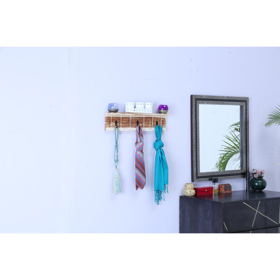 Wooden Wall Shelf with 3 Key Hooks in Natural Finish-image-5
