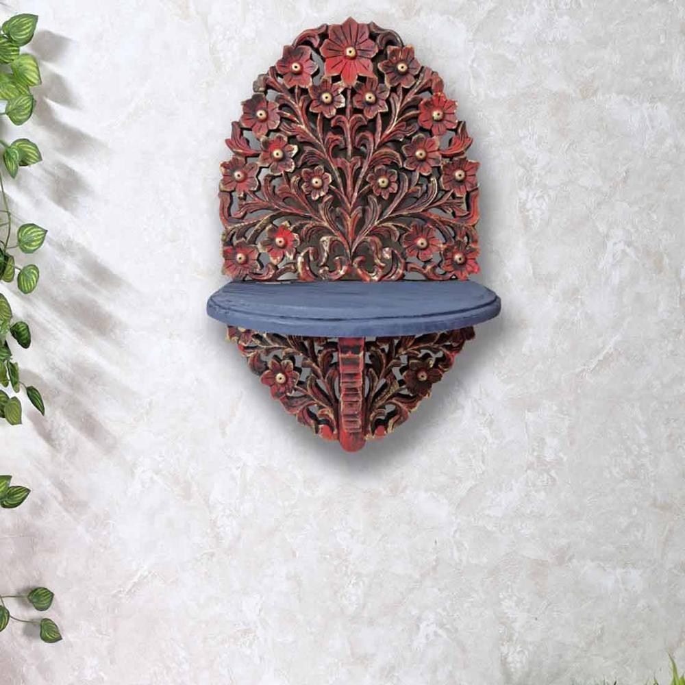 Grevy Red & Grey Solid Wood Handcarved Floating wall shelf with Flower design and folding wing by Disoo Fashons