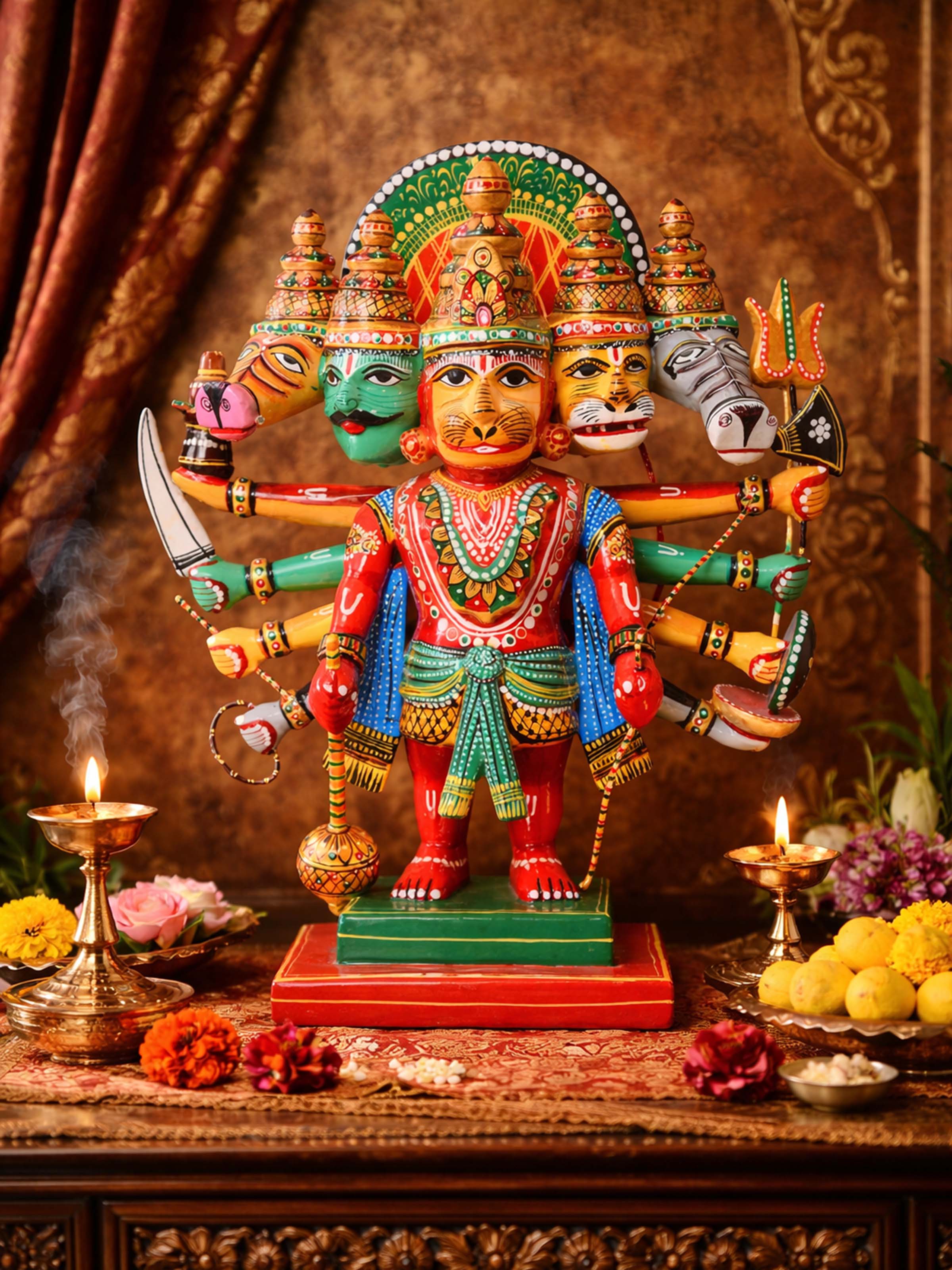 Wood Panchmukhi Hanuman Idol