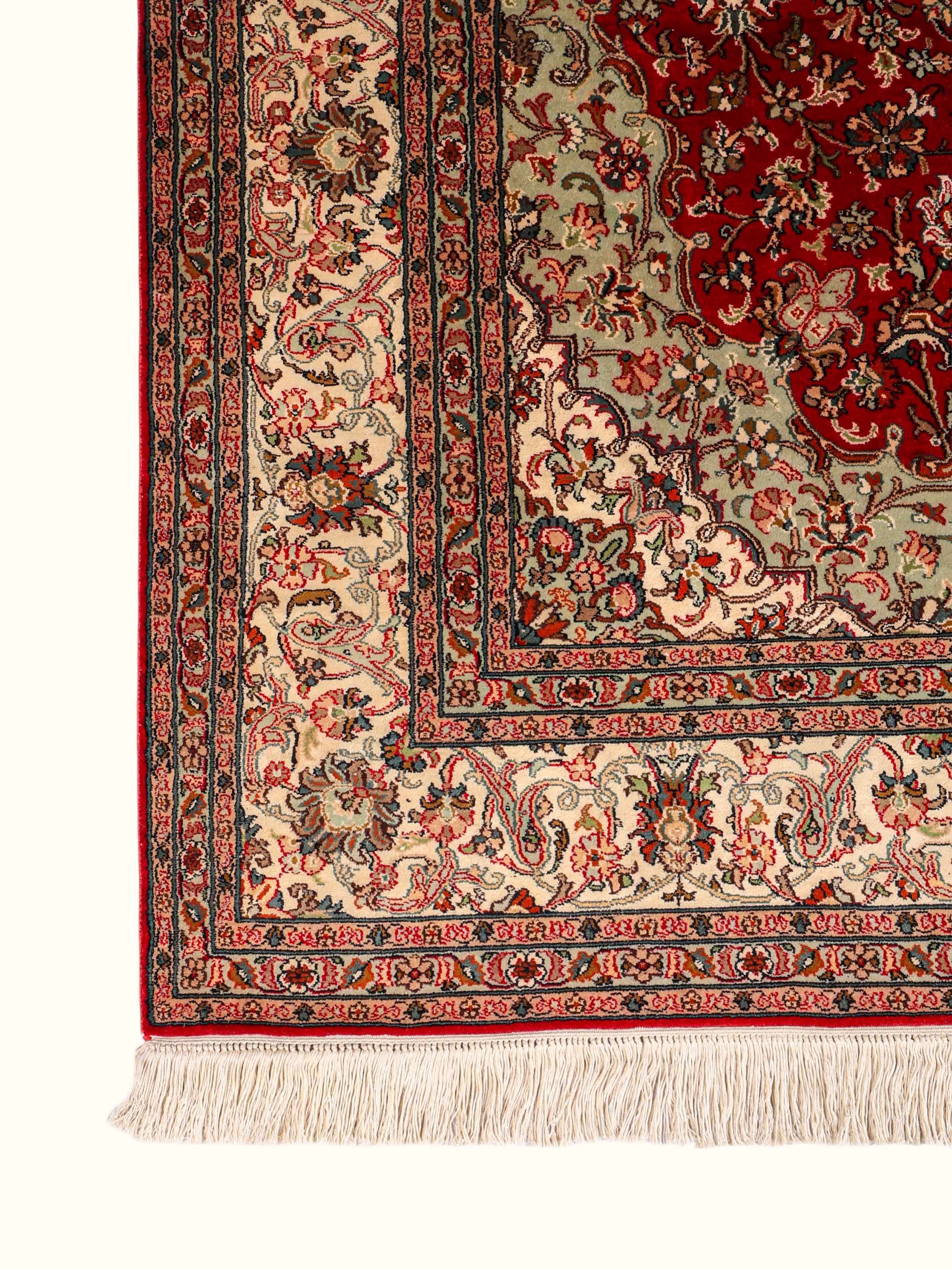 Traditional Persian Red Ivory Kashan Kashmir Silk Hand-Knotted Carpet