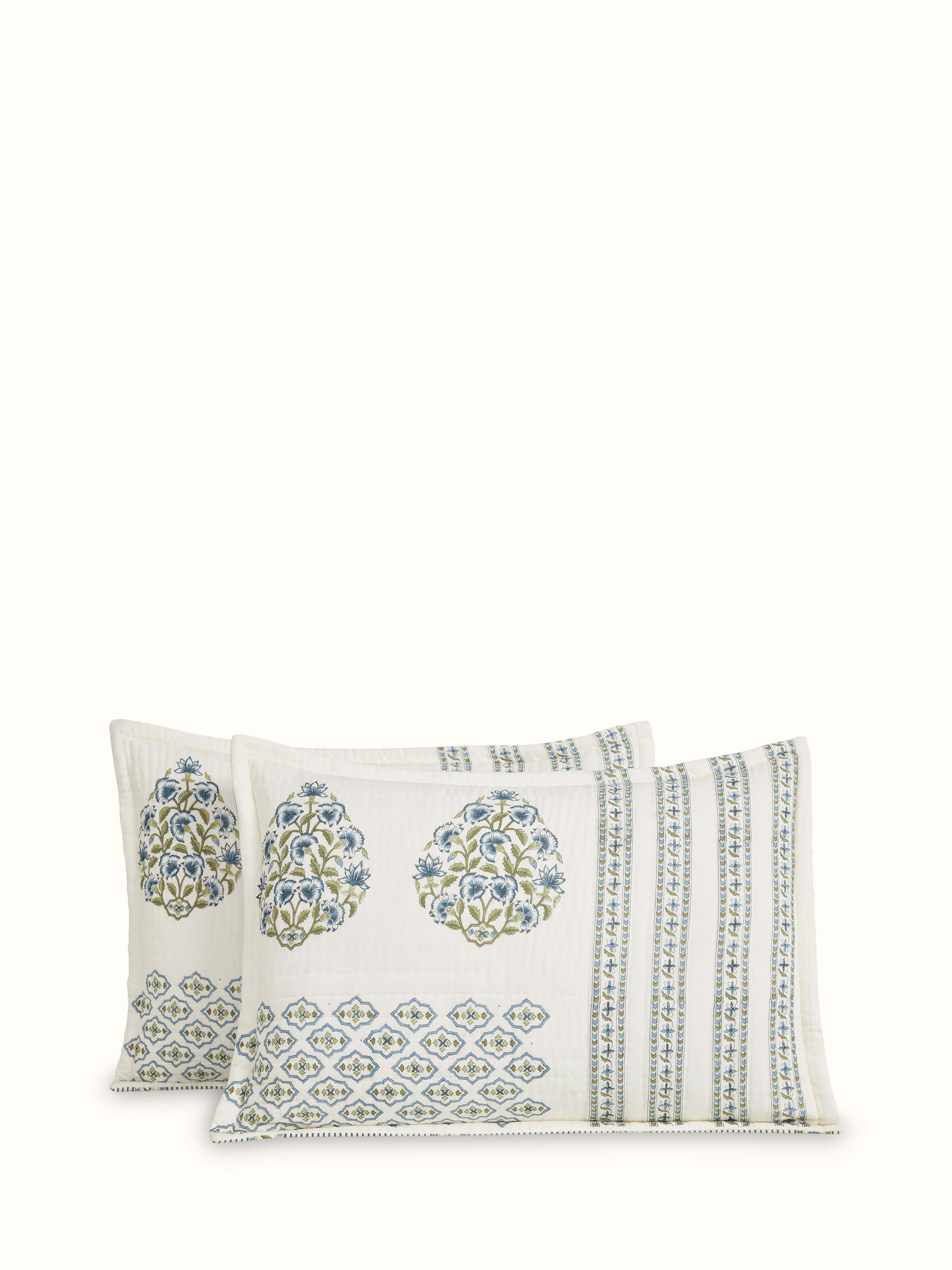 Front view showing the blue floral Sanganeri hand block print on cotton pillow shams