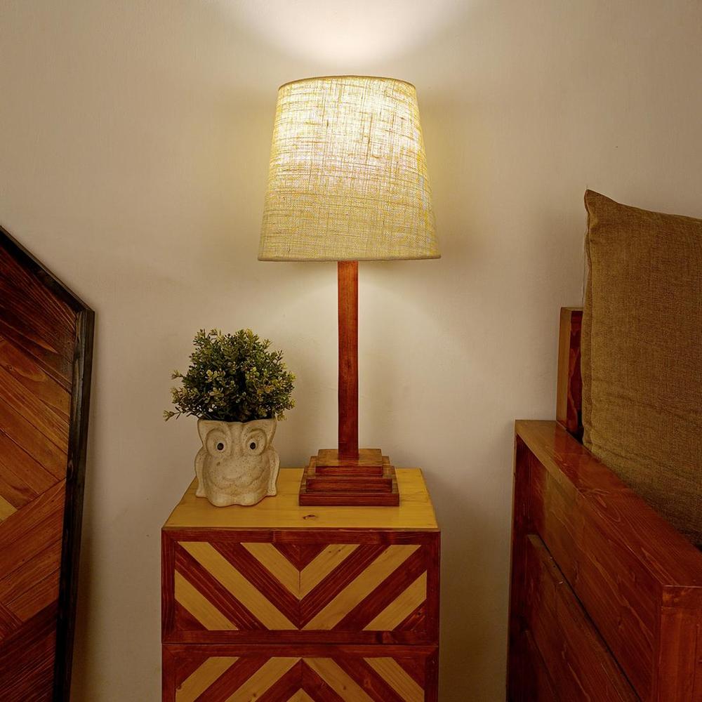 Babel Wooden Table Lamp with Brown Base and Premium White Fabric Lampshade