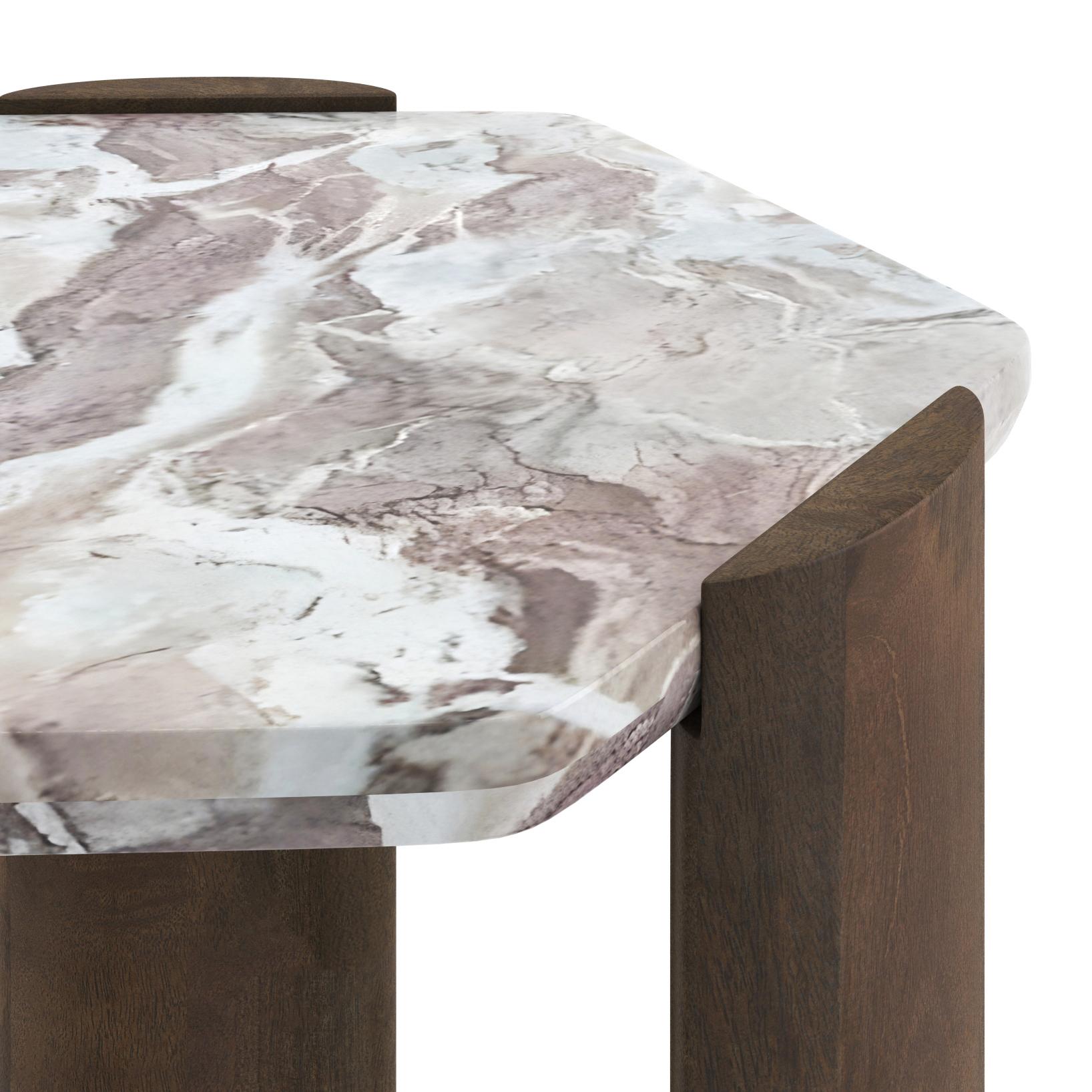 Kanso Hexagon Toronto Marble and Solid Wood Side Table in Danish Walnut Finish