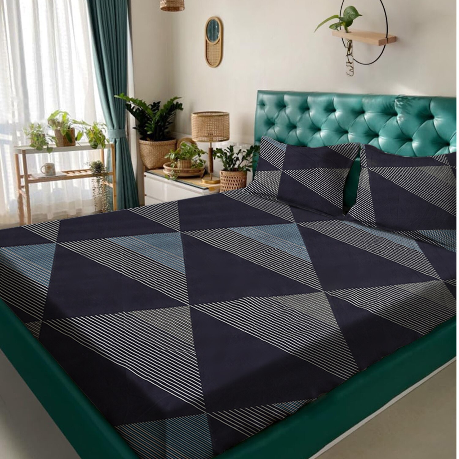 Navy Blue Abstract 180 TC Fitted 1 King  Bedsheet with 2 Pillow Covers