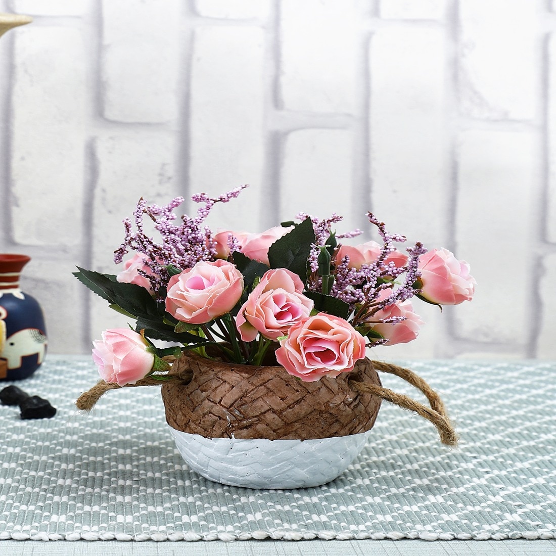 Artificial Pink Roses With A Ceramic Pot