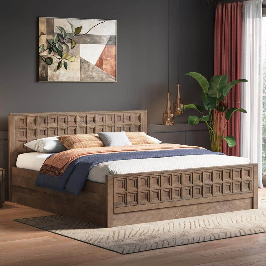 Baori Solid Wood Queen Size Hydraulic Storage Bed In Danish Walnut Finish