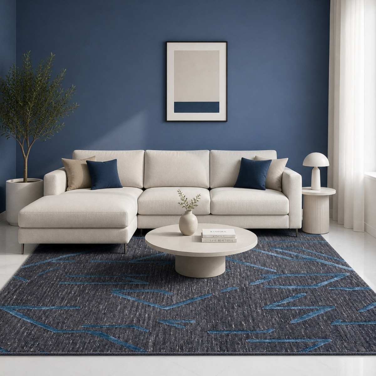 Modern Geometric Wool Silk Area Rug Charcoal Blue 9 x 12 Feet Handmade Carpet - NEU LOOMS