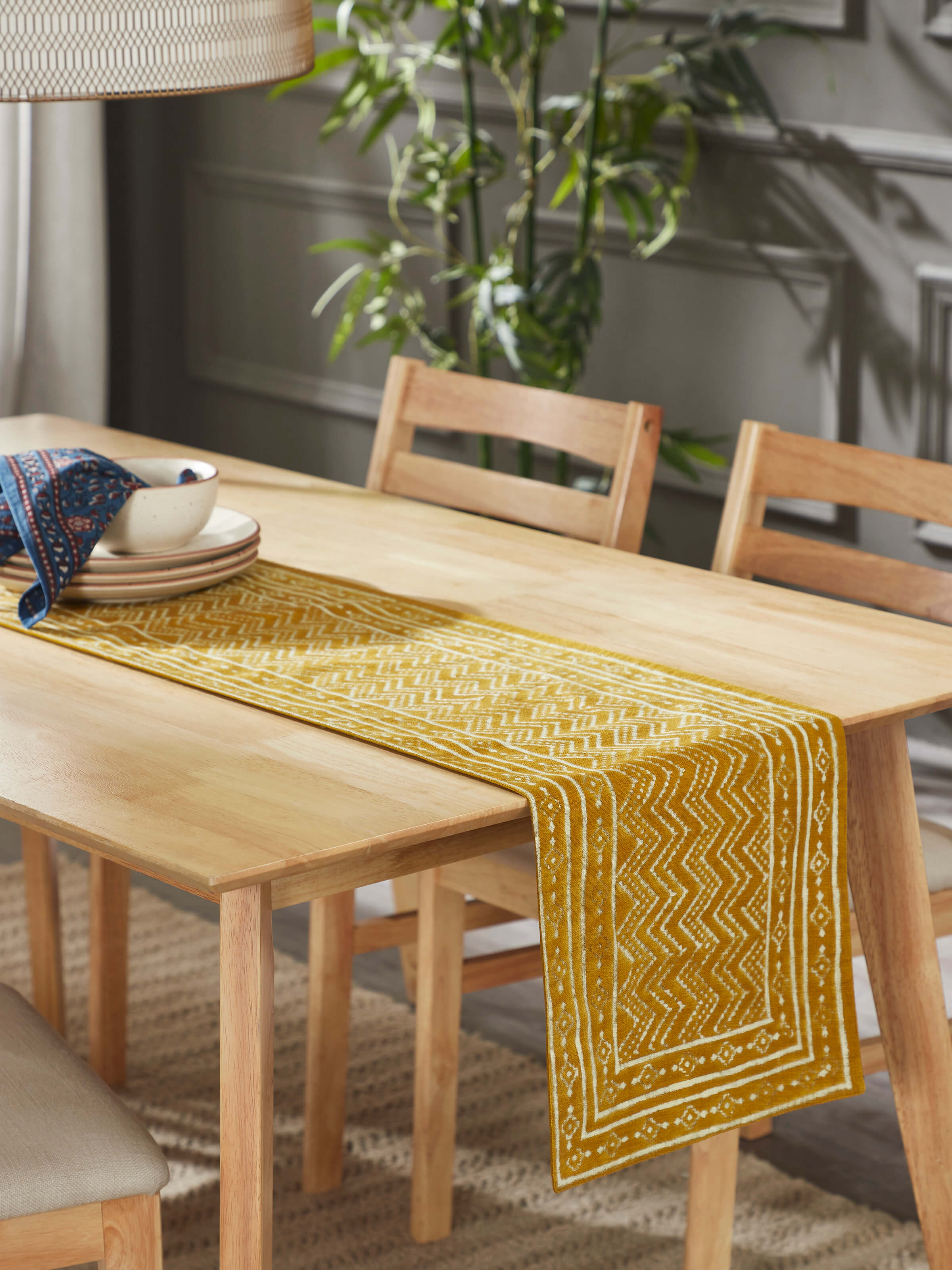 Puspita Ochre Cotton Dabu Hand Block Printed Table Runner 6 Seater