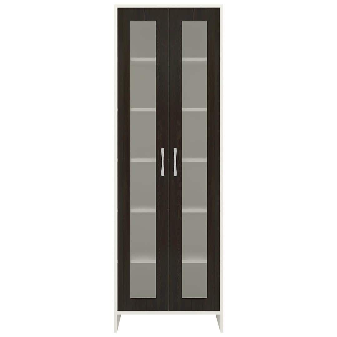 Atlanta Tall Crockery cum Bookshelf Cabinet with Toughened Glass Shutters in Antique Ebony Colour
