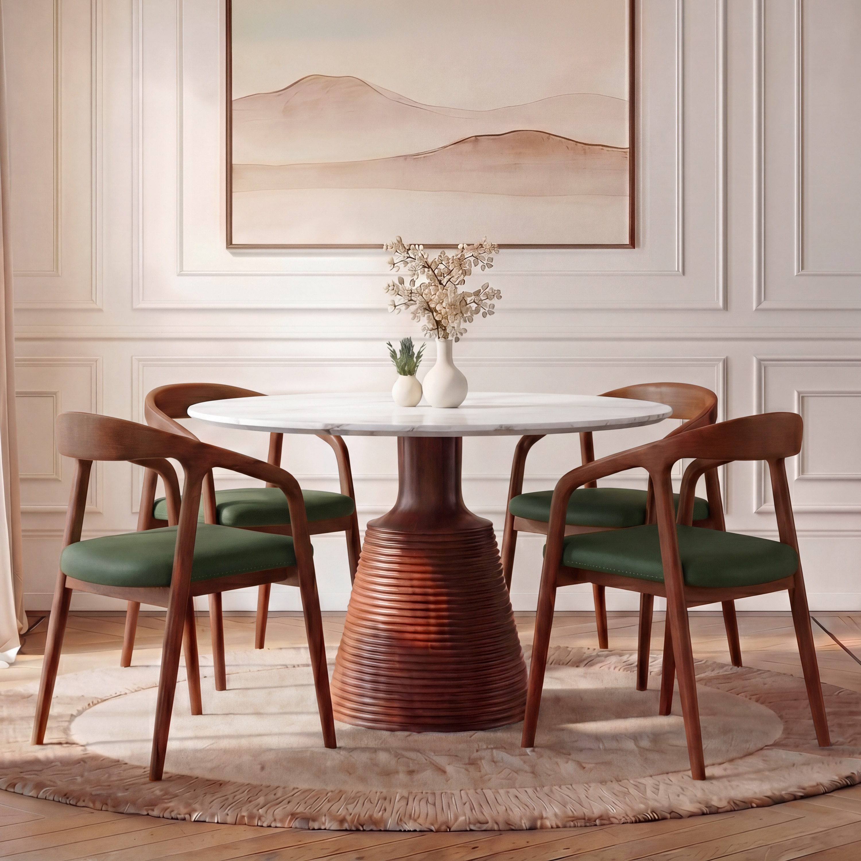 Massa Solid Wood And Banswara 4 Seater Round Dining Table with 4 Zen Solid Wood Dining Armchair in (Finish: Honey, Colour: Olive Leatherette)