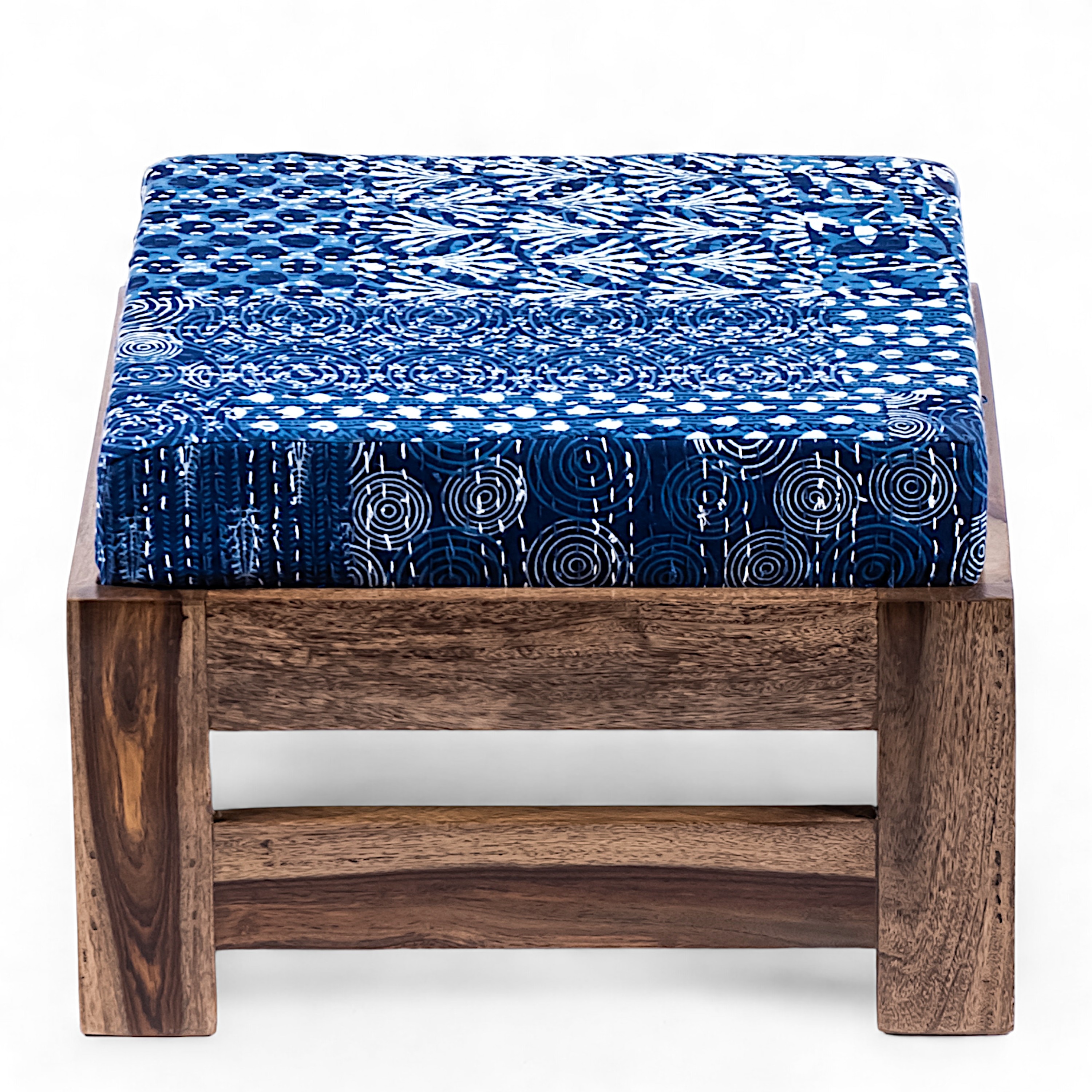 Amber Rosewood Foot Stool with Indigo Patch Kantha Cushion