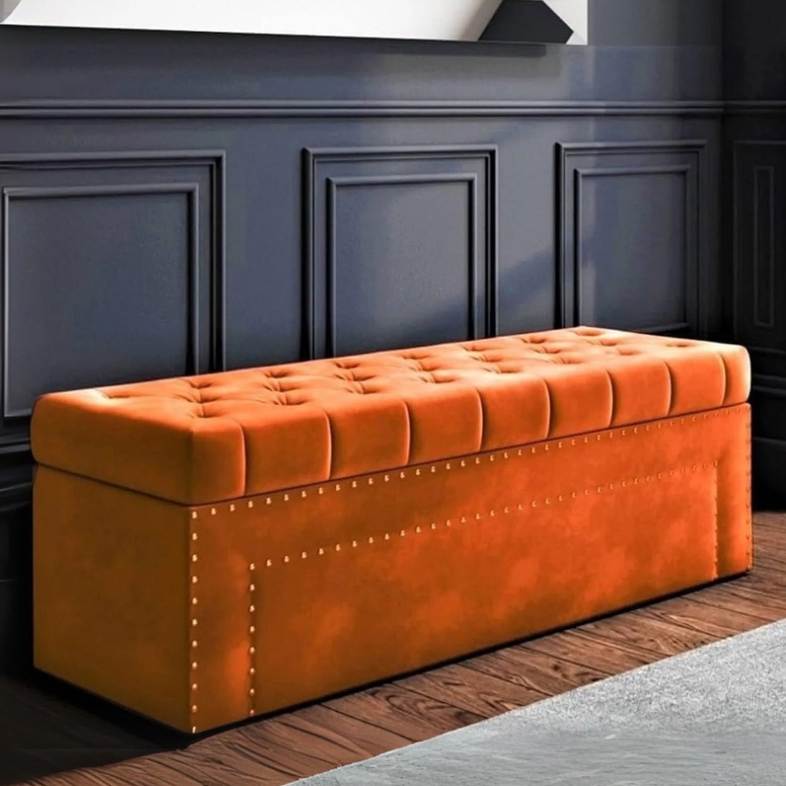 Edin Velvet 2 Seater Upholstered Bench with Storage Orange Colour - Home Lifestylez