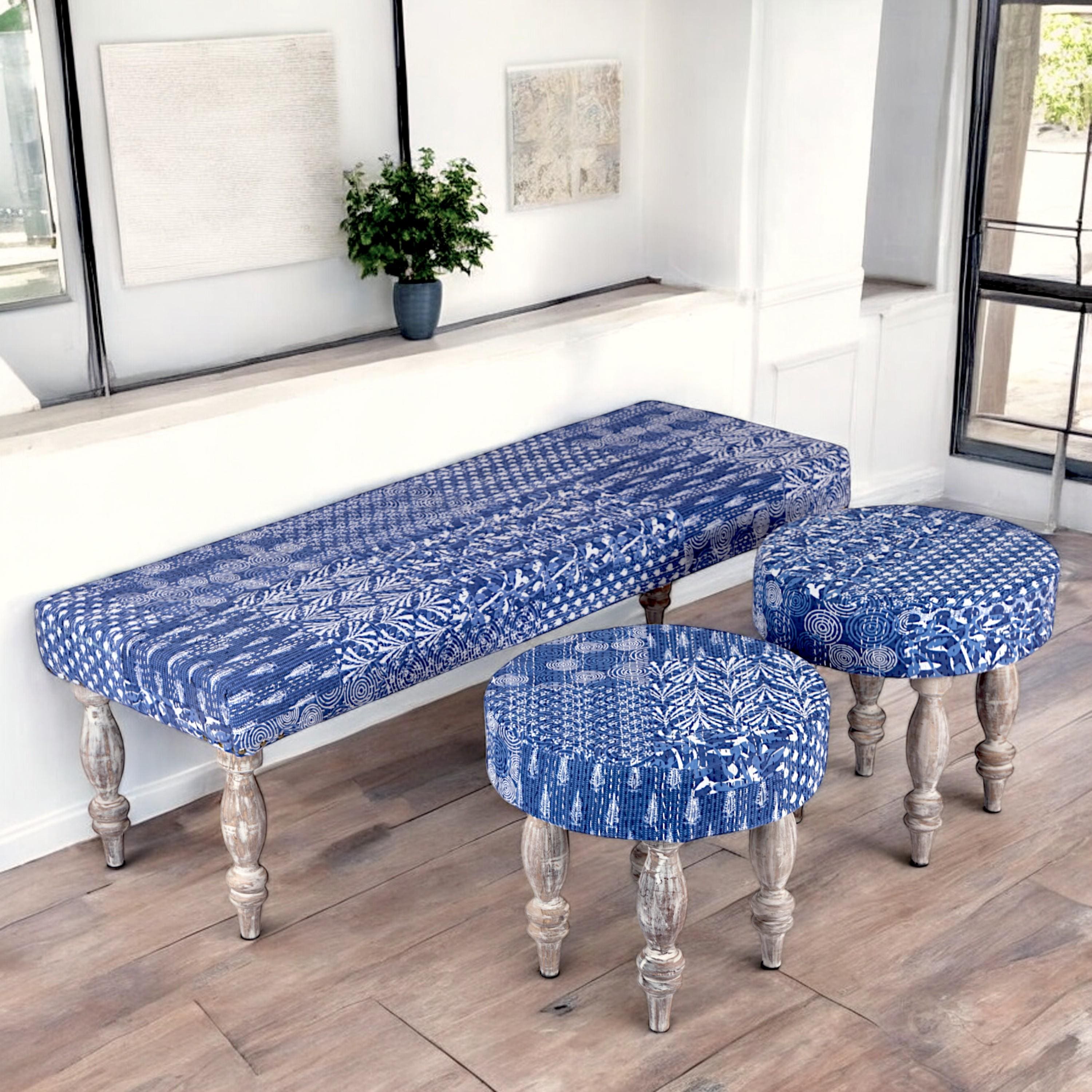 Cairo Sheesham Wood Mid Century 3+1+1 Seater Bench Set With 2 Stools In Indigo Patchwork Kantha