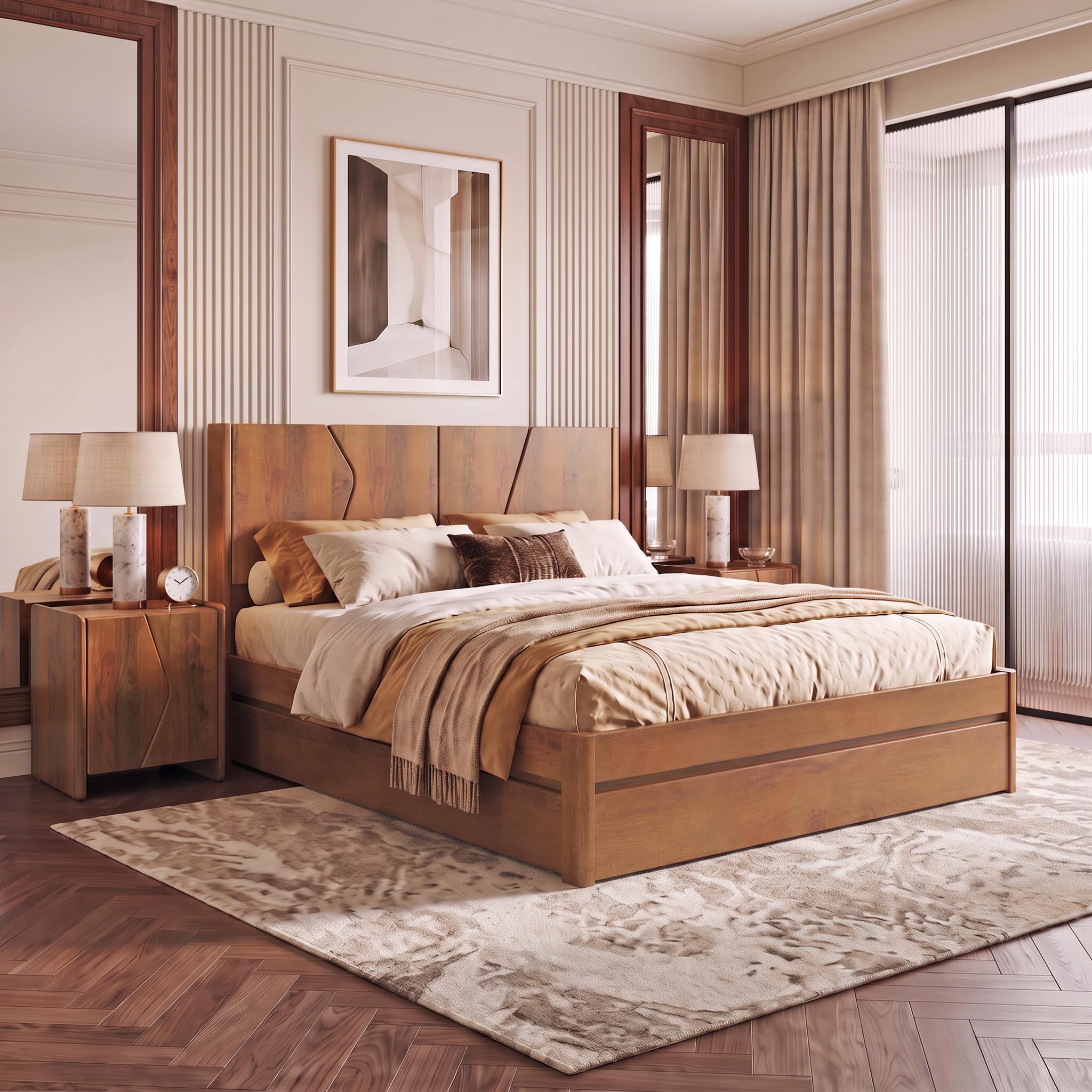 Koro  Solid Wood King Size Box Storage Bed In Amber Walnut Finish