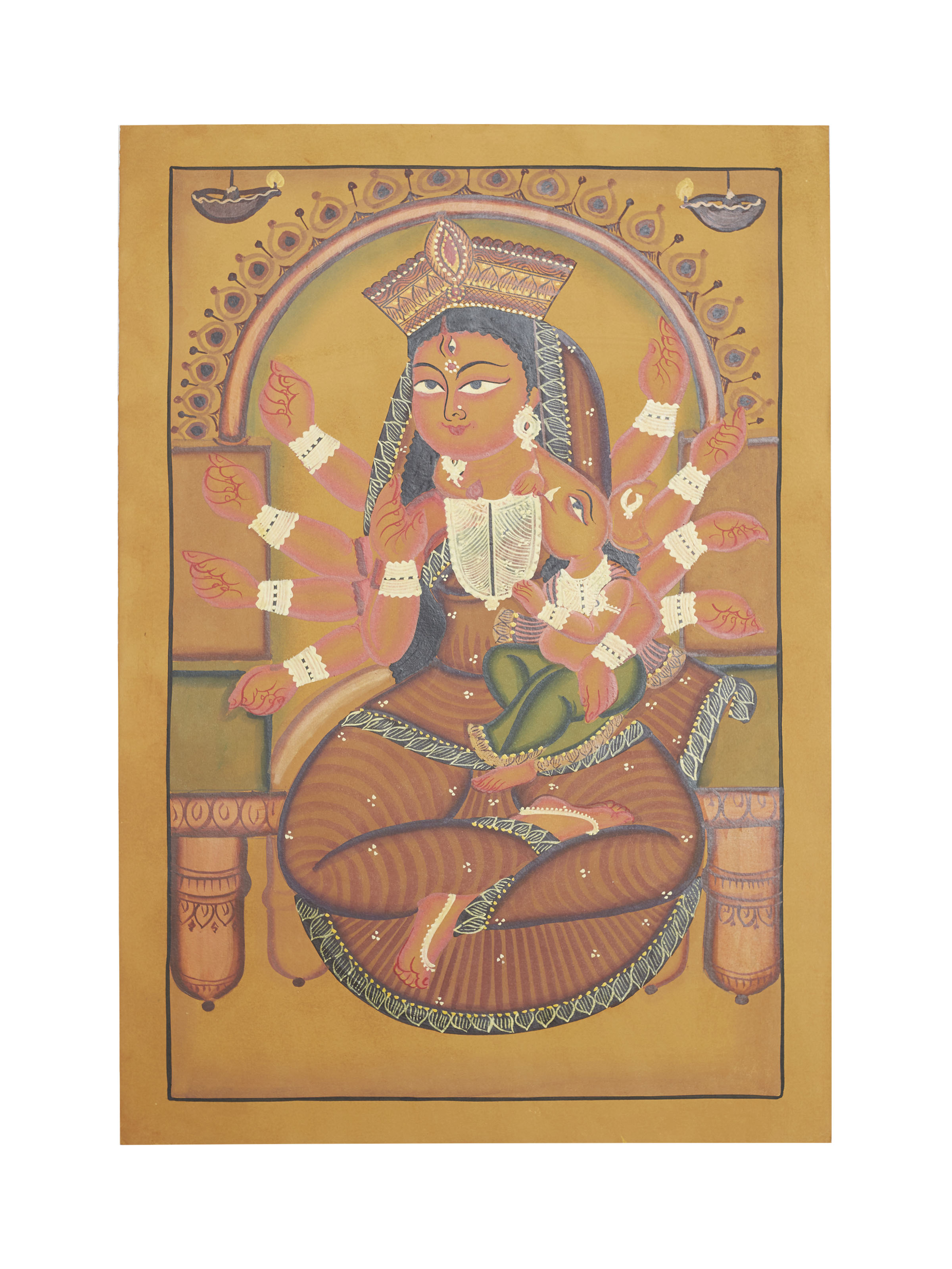 Front view of Devi Durga Kalighat painting traditional Bengali folk art