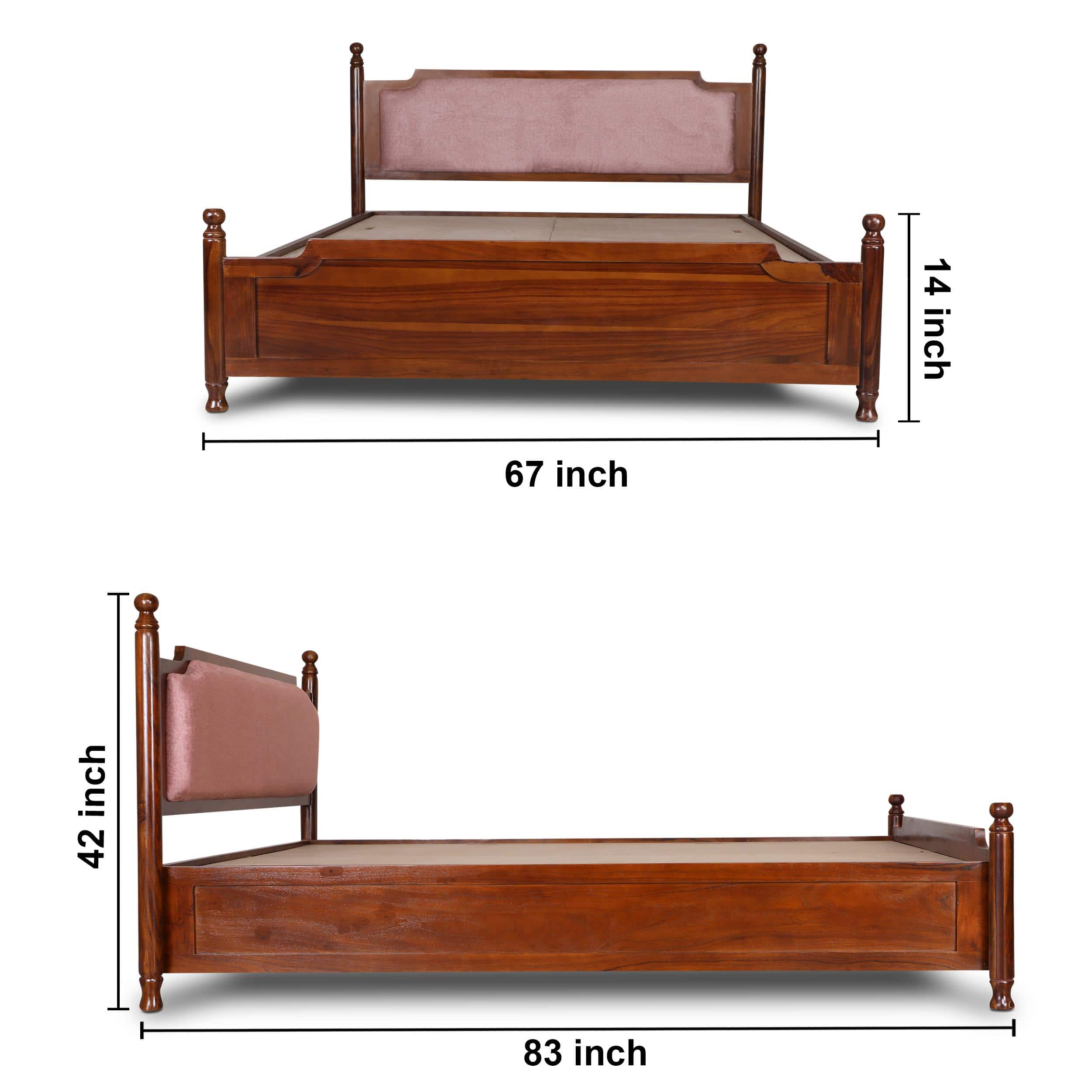 Camille Solid Wood Box Storage Queen Bed in Provincial Teak Finish with Pink Colour