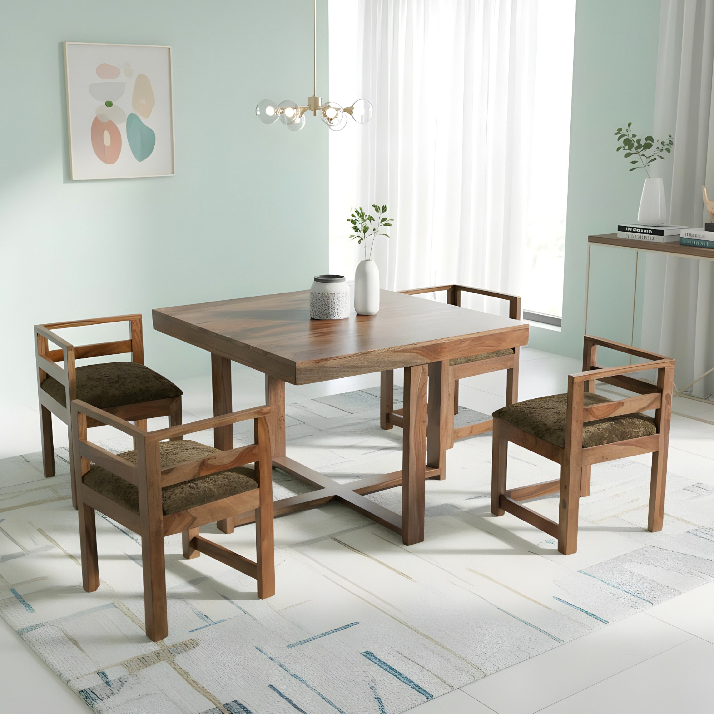 Kingston Sheesham Wood Dining Table Set in Teak Finish