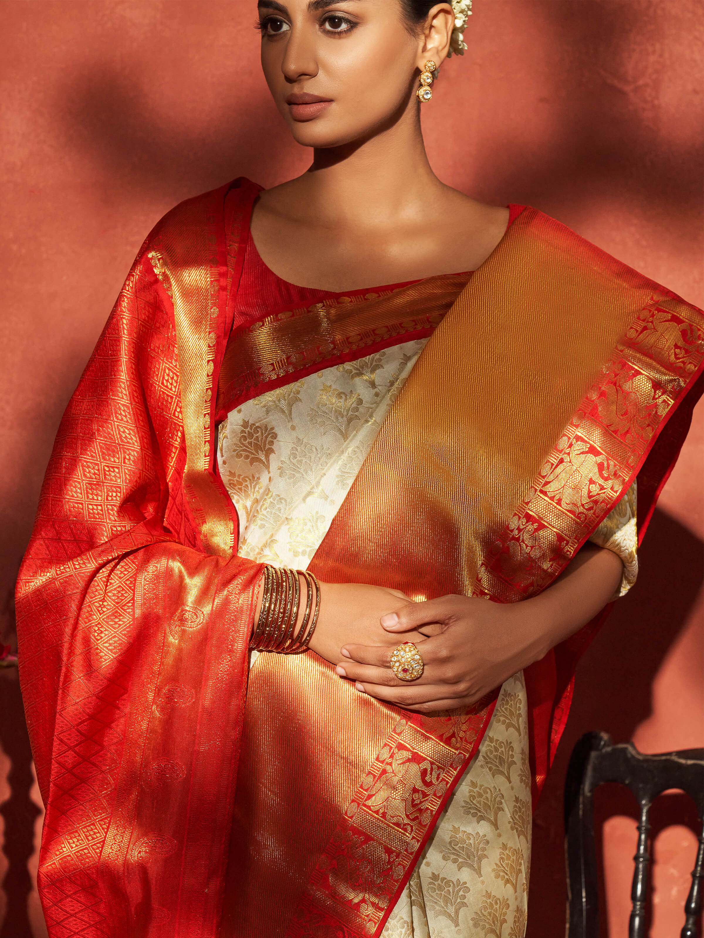 Detail view of white silk Dharmavaram saree showing fabric weave