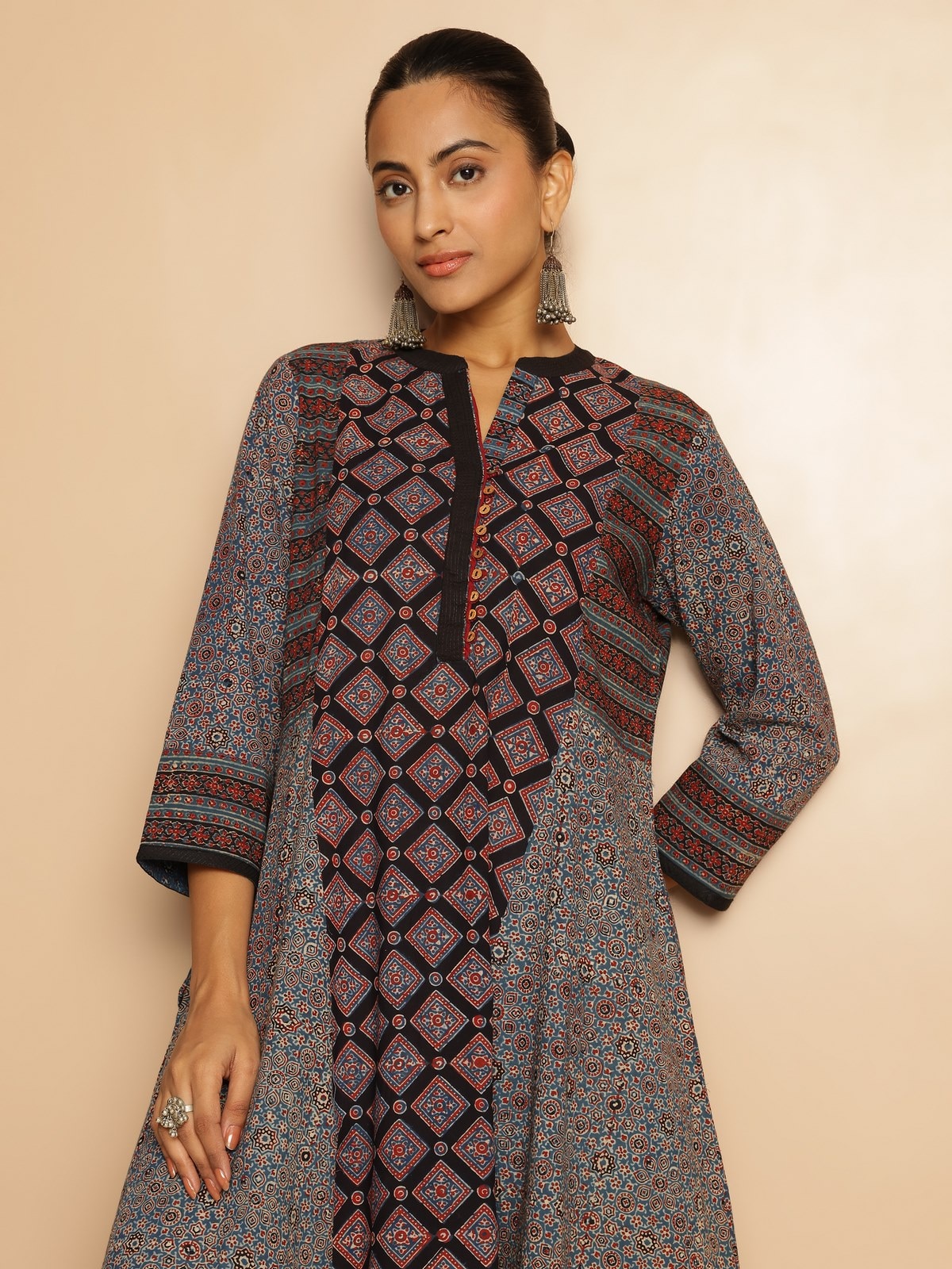 Detail shot of Black Cotton Ajrakh Block Printed Flared Kurta highlighting intricate block printing work