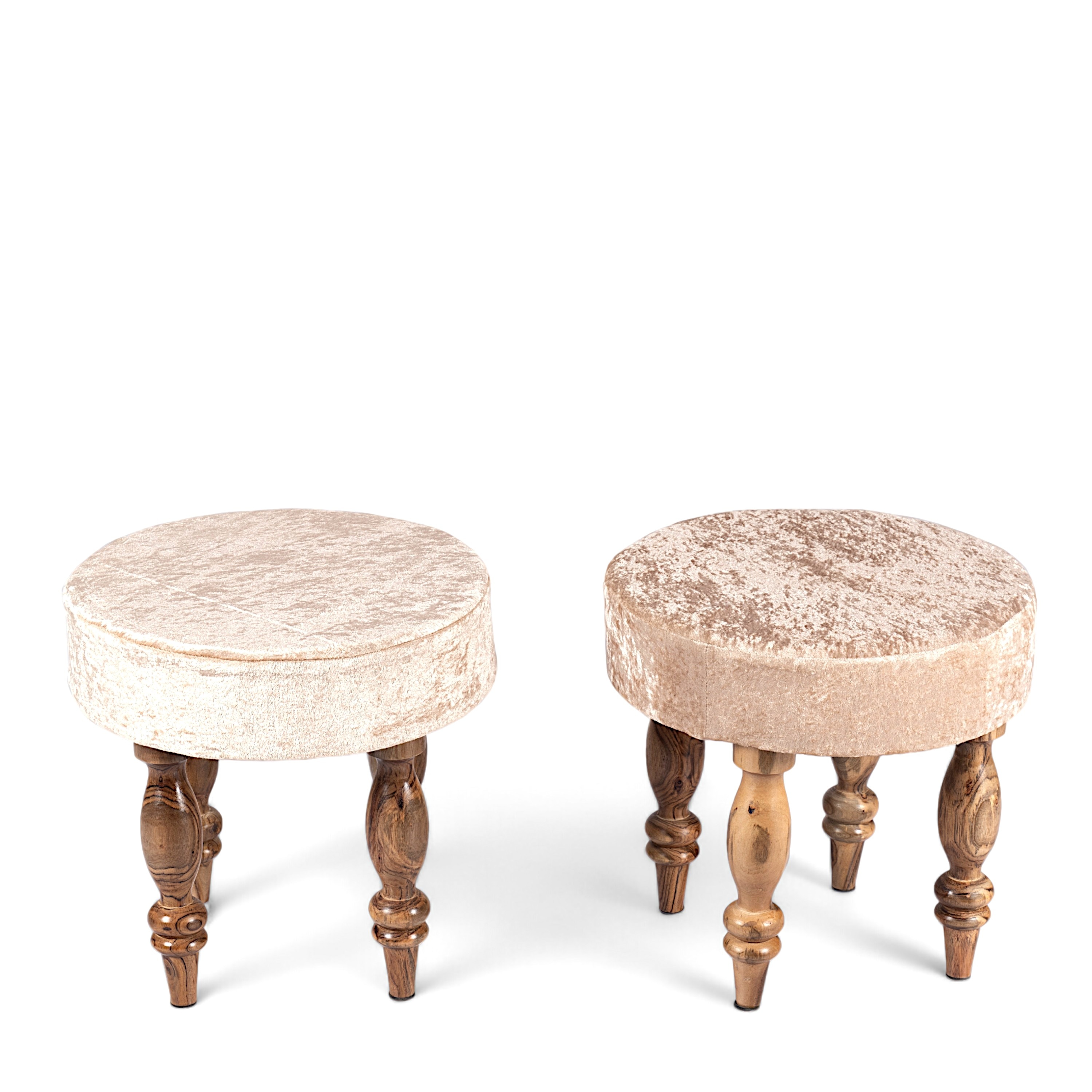 Cairo Sheesham Wood Accent 3+1+1 Seater Bench Set With 2 Stools In Beige Sparkle Velvet