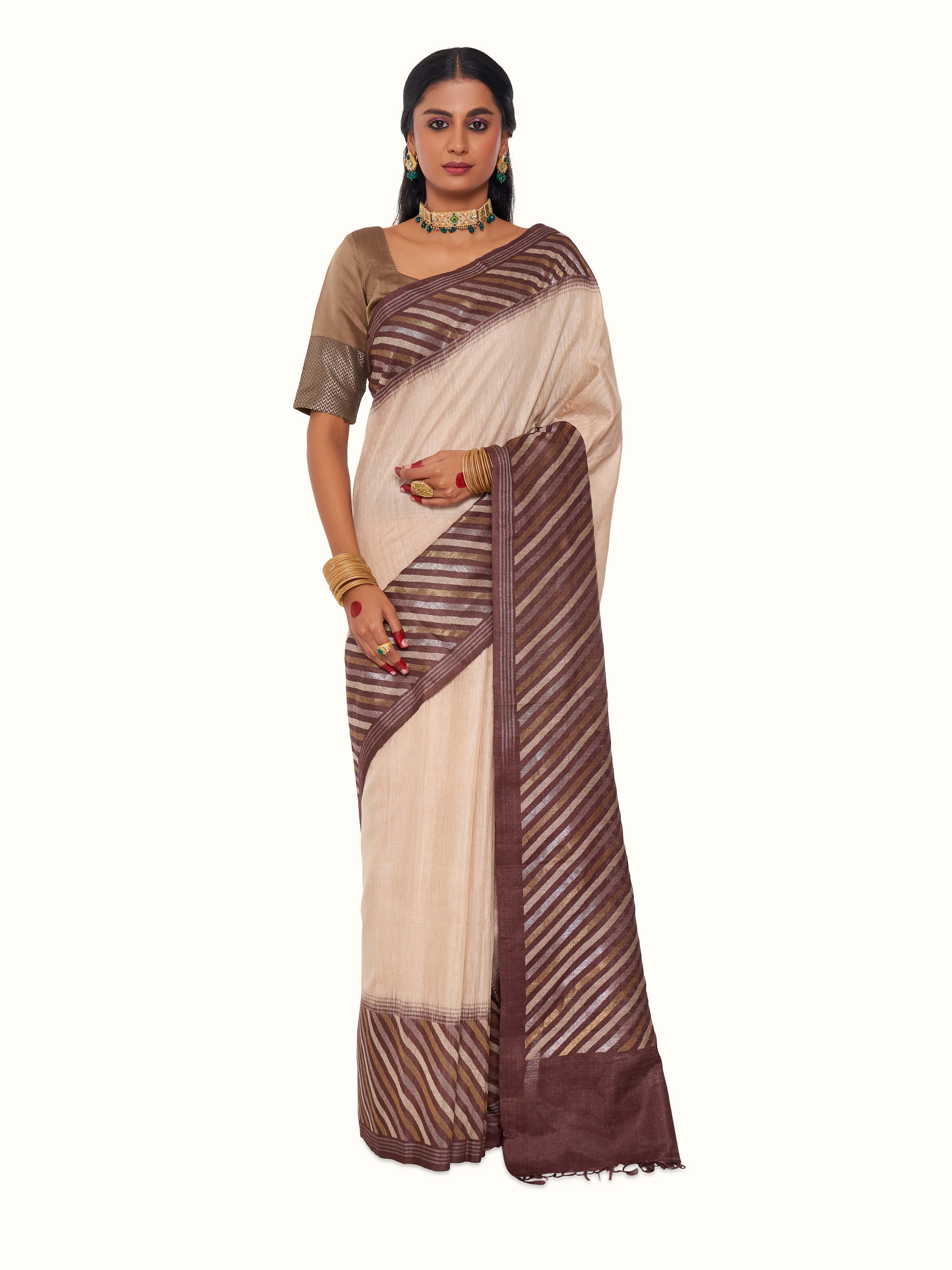 Beige Tussar Muga Silk Saree