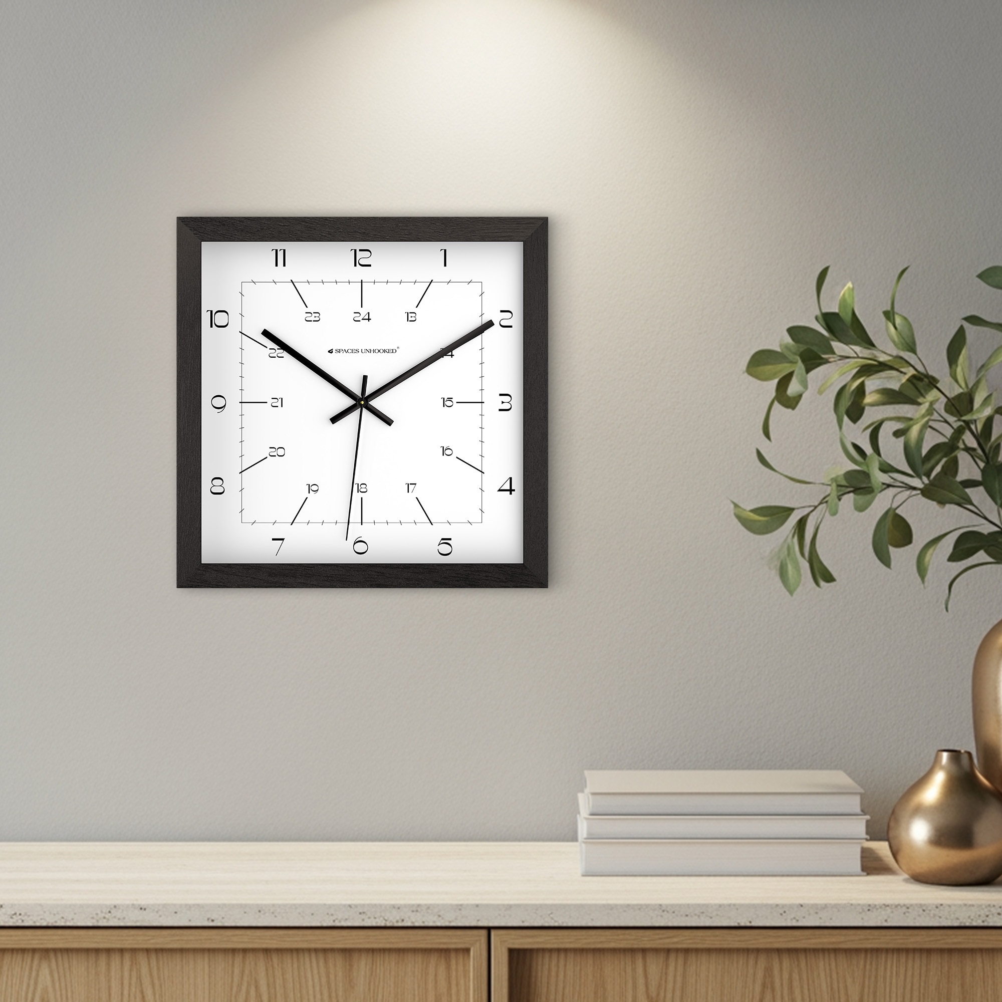 24-Hour Dial and Minimal Square Wooden Wall Clock