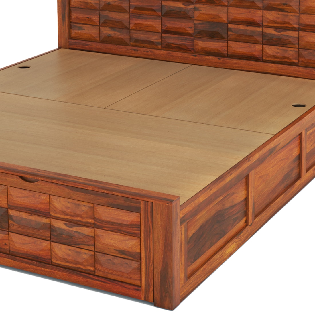 Shashi Solid Wood King Size Bed With Box & Front Drawer Storage Bed In Honey Oak Finish