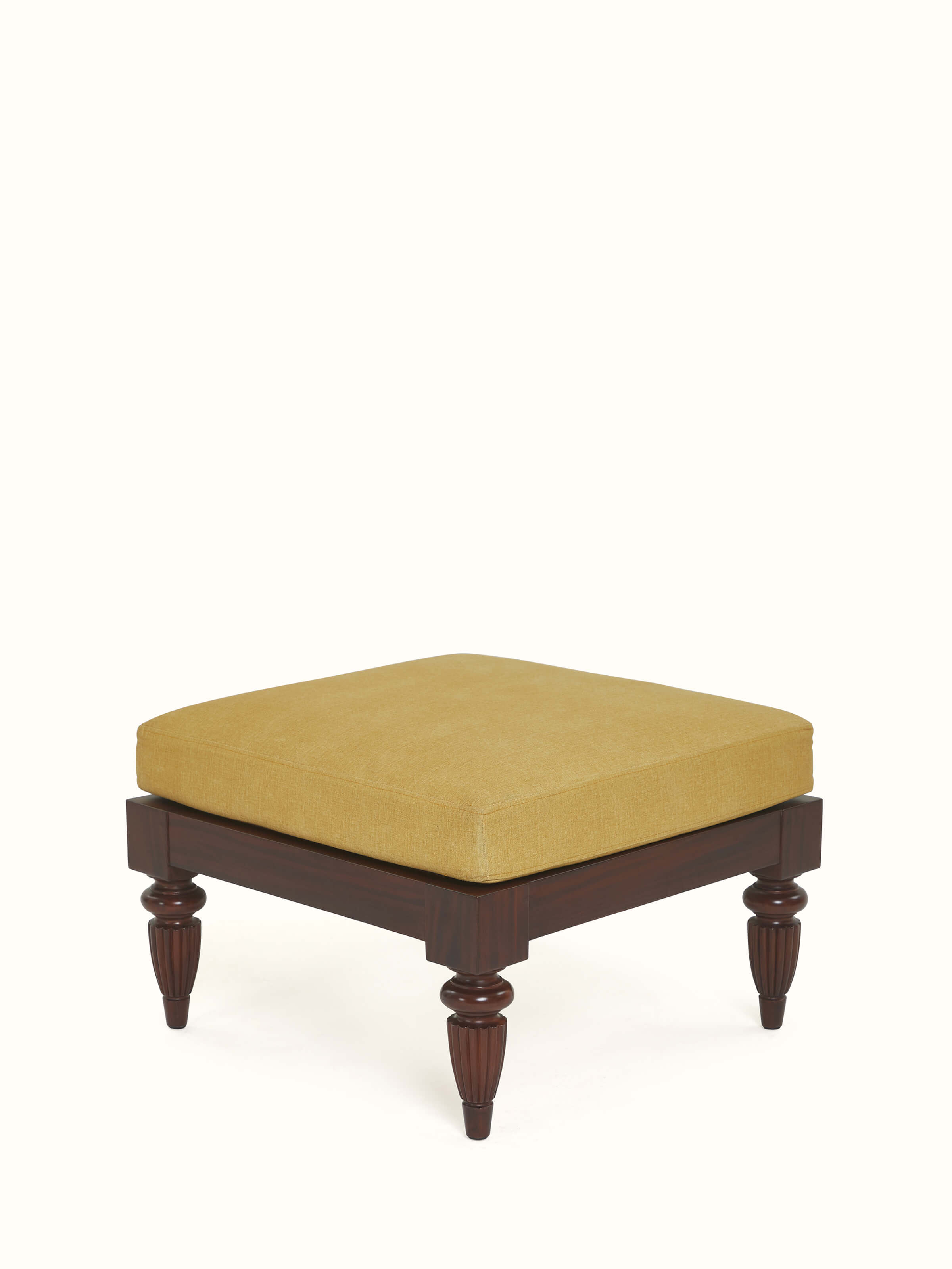 Angled view of Upholstered Mahogany Wood Ottoman by Swadesh emphasizing its classic design and rich wooden detailing.