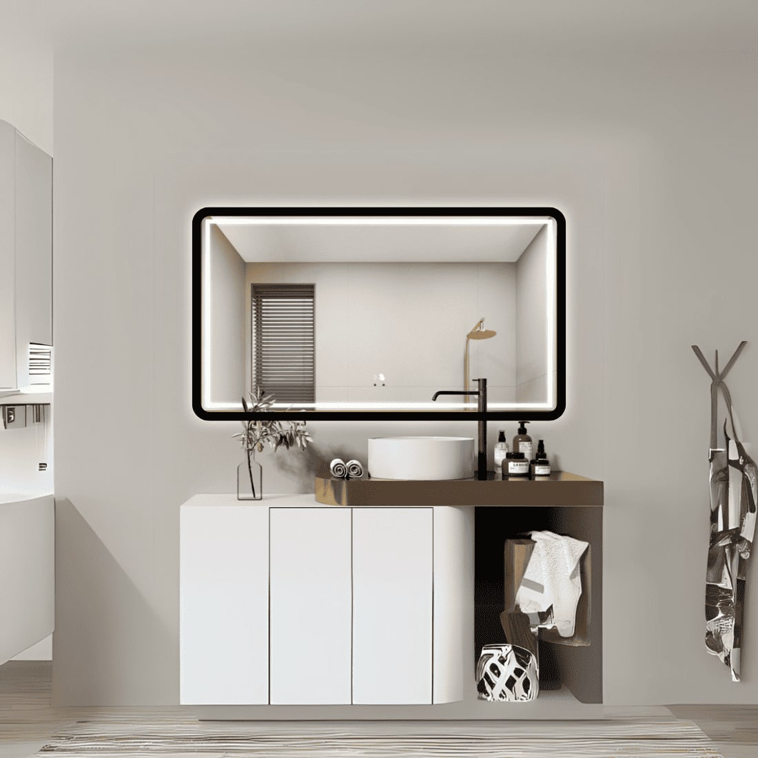 Modern Rectangular LED Mirror with Gold Stainless Steel Frame