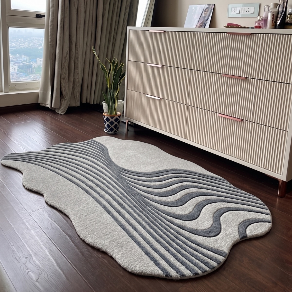 Handmade Wool Silk Shaped Rug Modern Wave Grey 9 x 12 Feet Carpet - NEU LOOMS