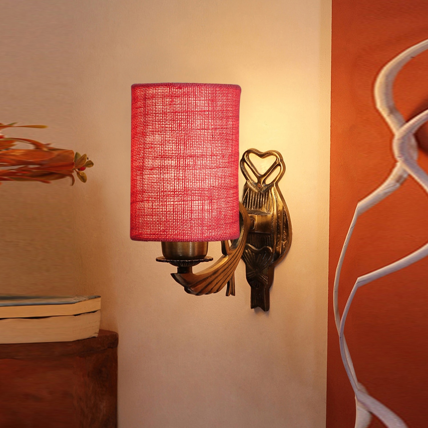 Devansh Metal Electric Wall Light in Antique Gold Colour with Pink Shade Count of 1 Light - Devansh