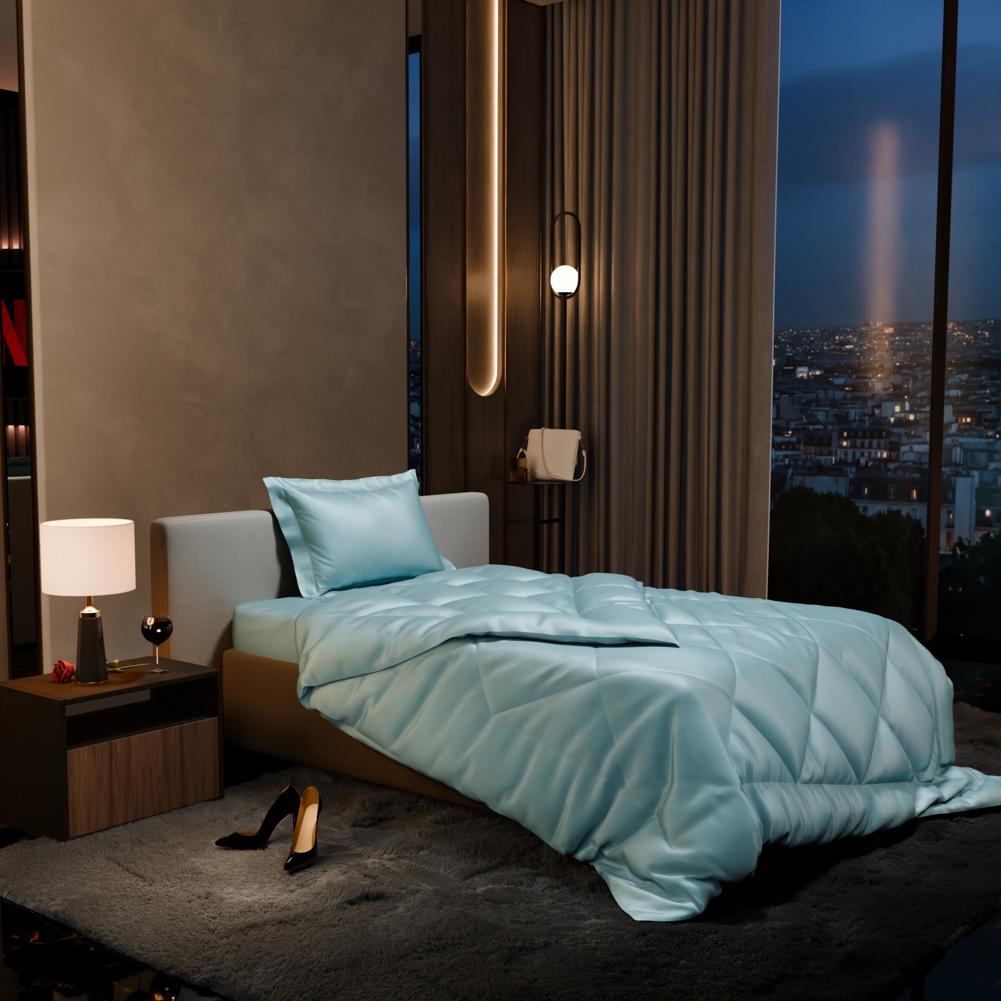 Stoa Paris Comforter for Single Bed, 300TC Satin Comforters in Dreamy Blue - Stoa Paris
