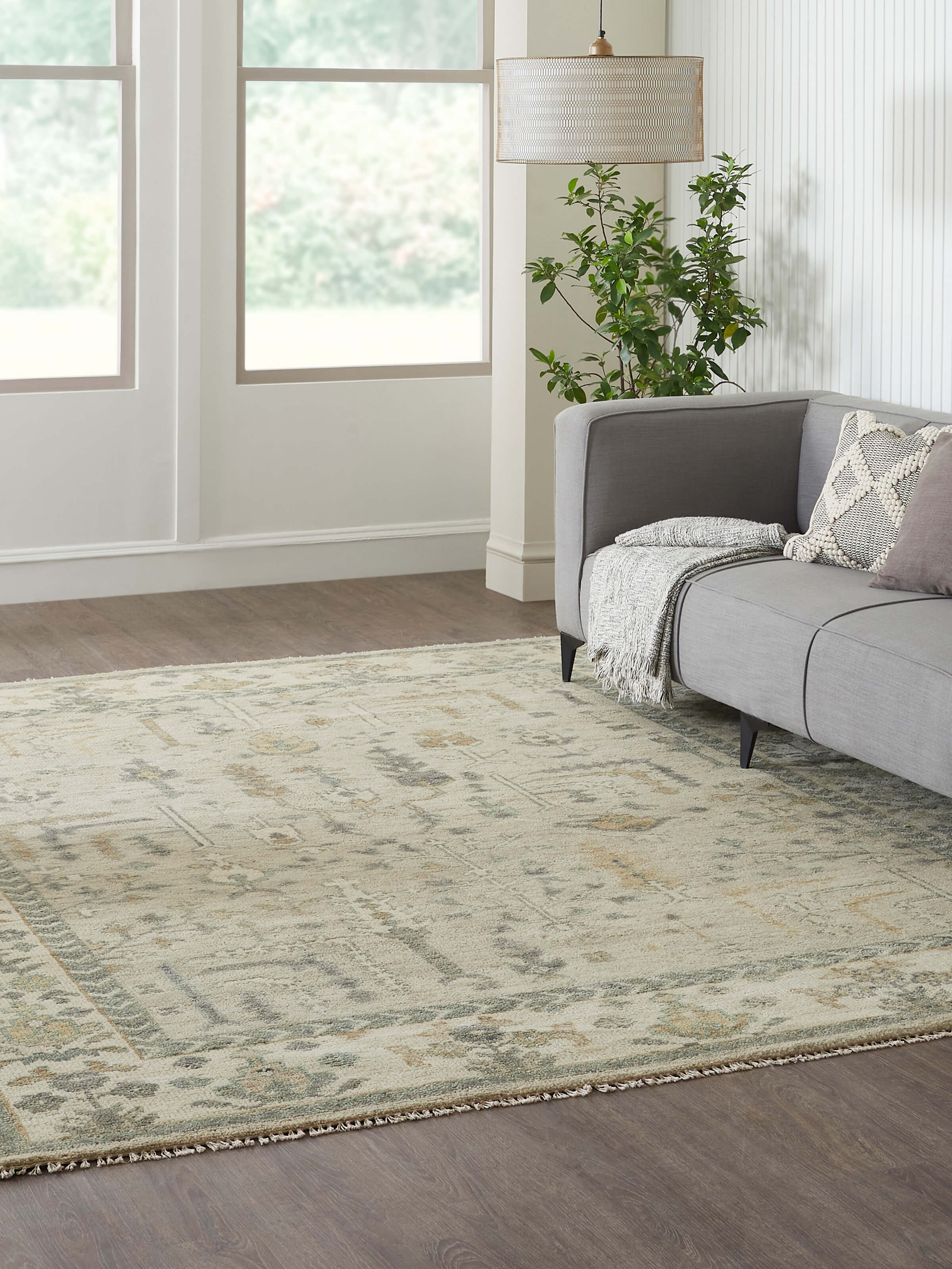 Top view displaying the full rug layout with elegant pattern and muted color palette