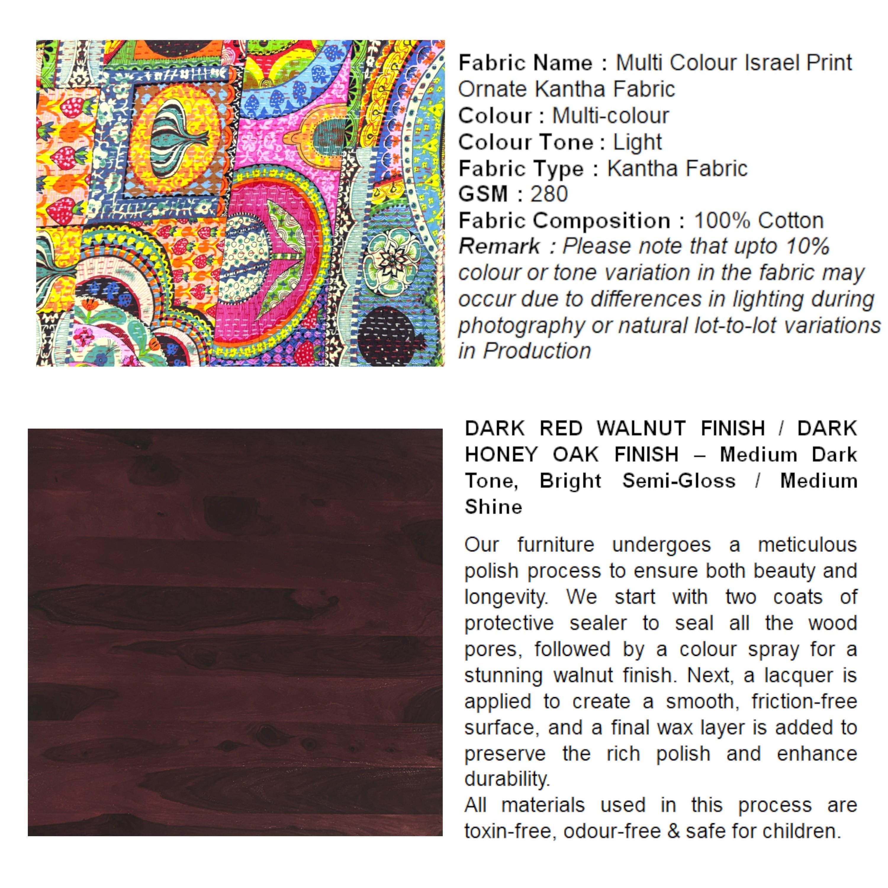 Irish Sheesham Wood Bohemian Coffee Table Set With 2 Stools In Dark Walnut Finish With Israel Print Patchwork Kantha Cushions