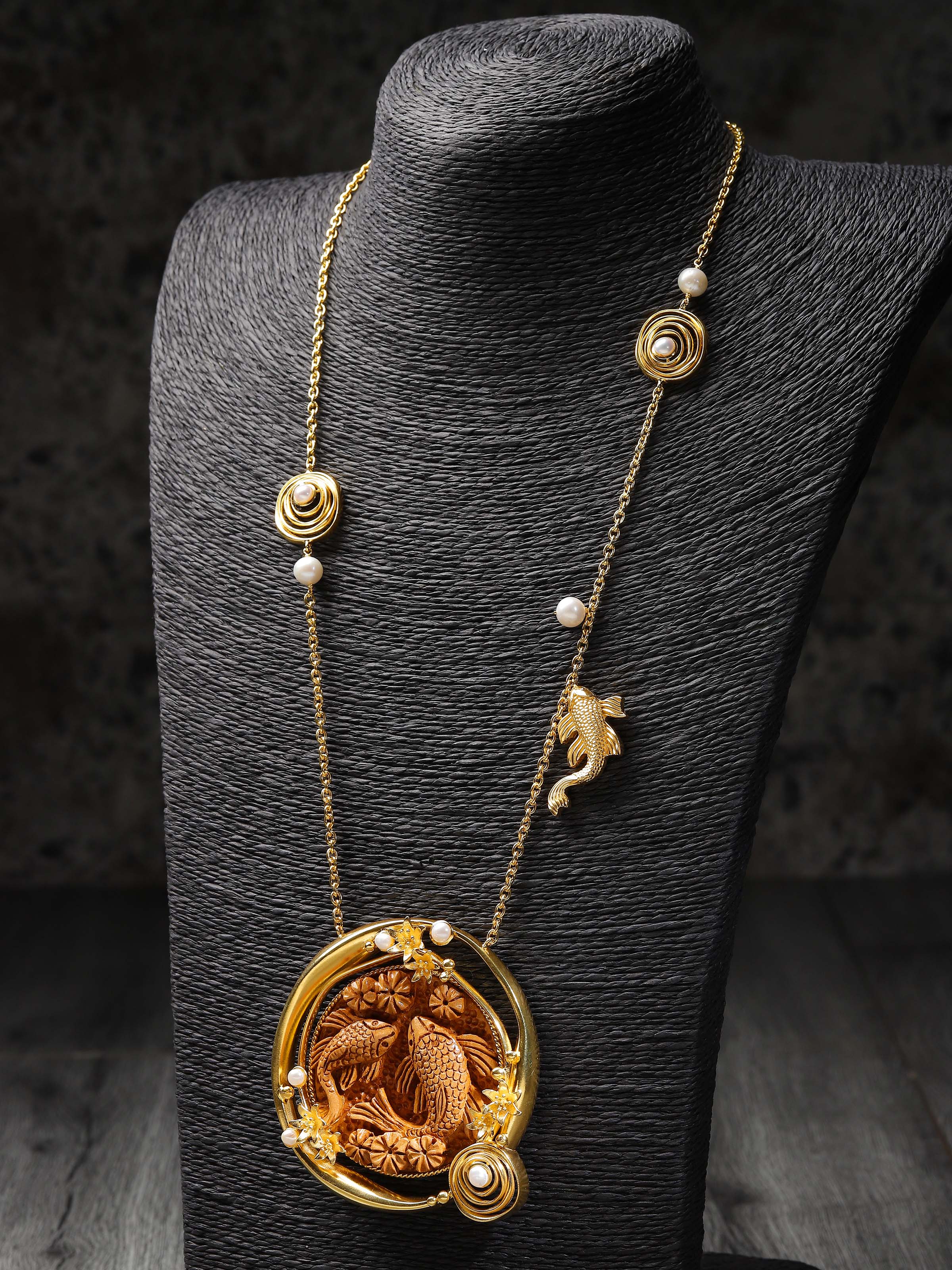 Lifestyle view of Carved Wood & Silver Collar Necklace