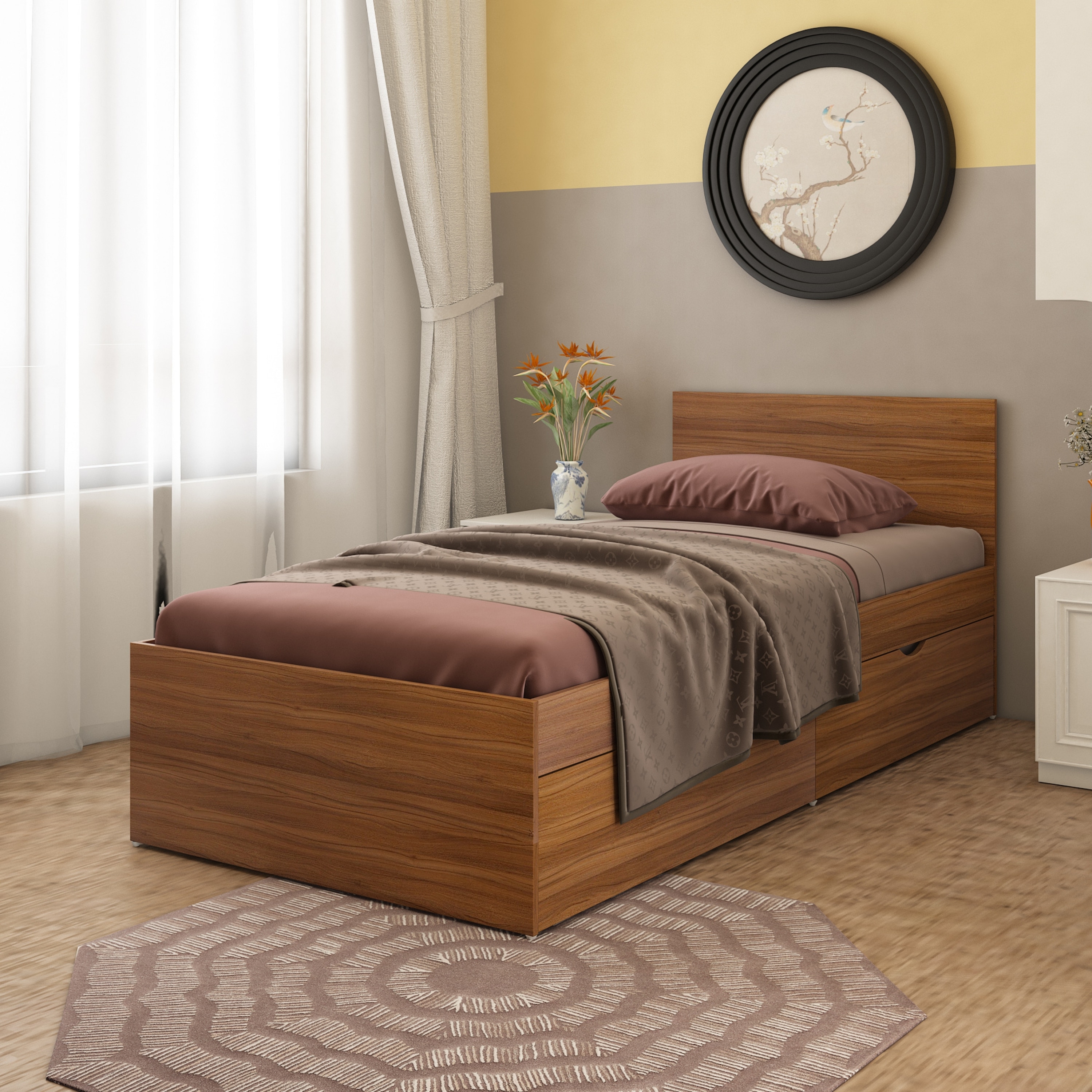 Ashton Single Bed with Right Side Pull Out Drawer Storage in Exotic Teak Finish