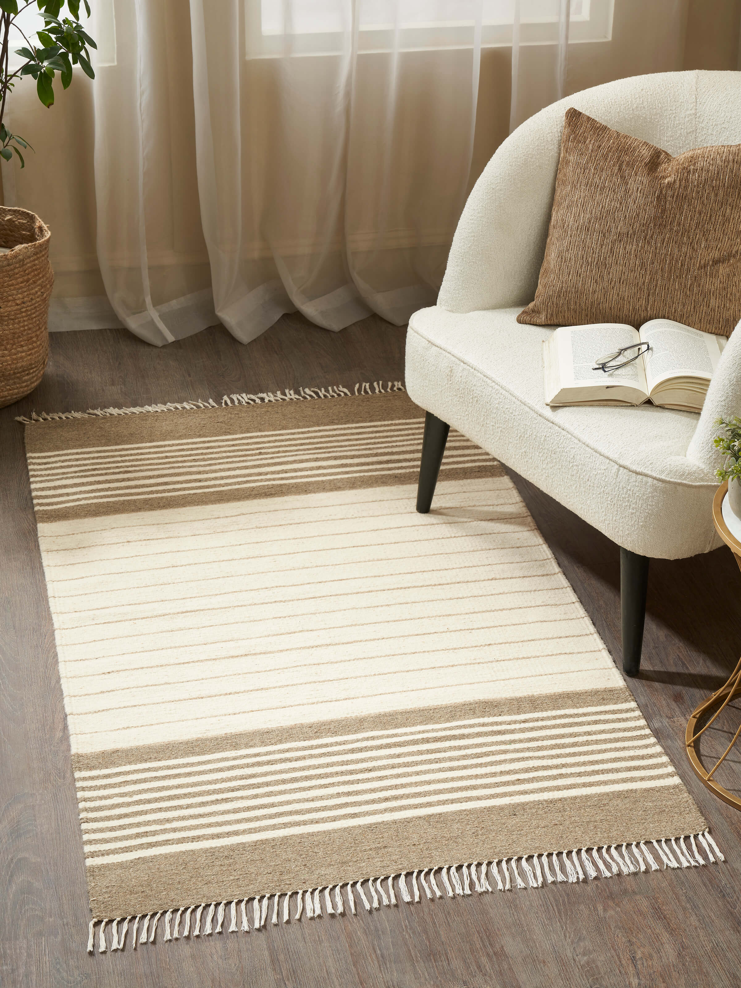 Close-up of Nomad Stripes Beige Ivory Jawaja wool & cotton handloom dhurrie (3x5 ft), highlighting the striped pattern and fabric texture.