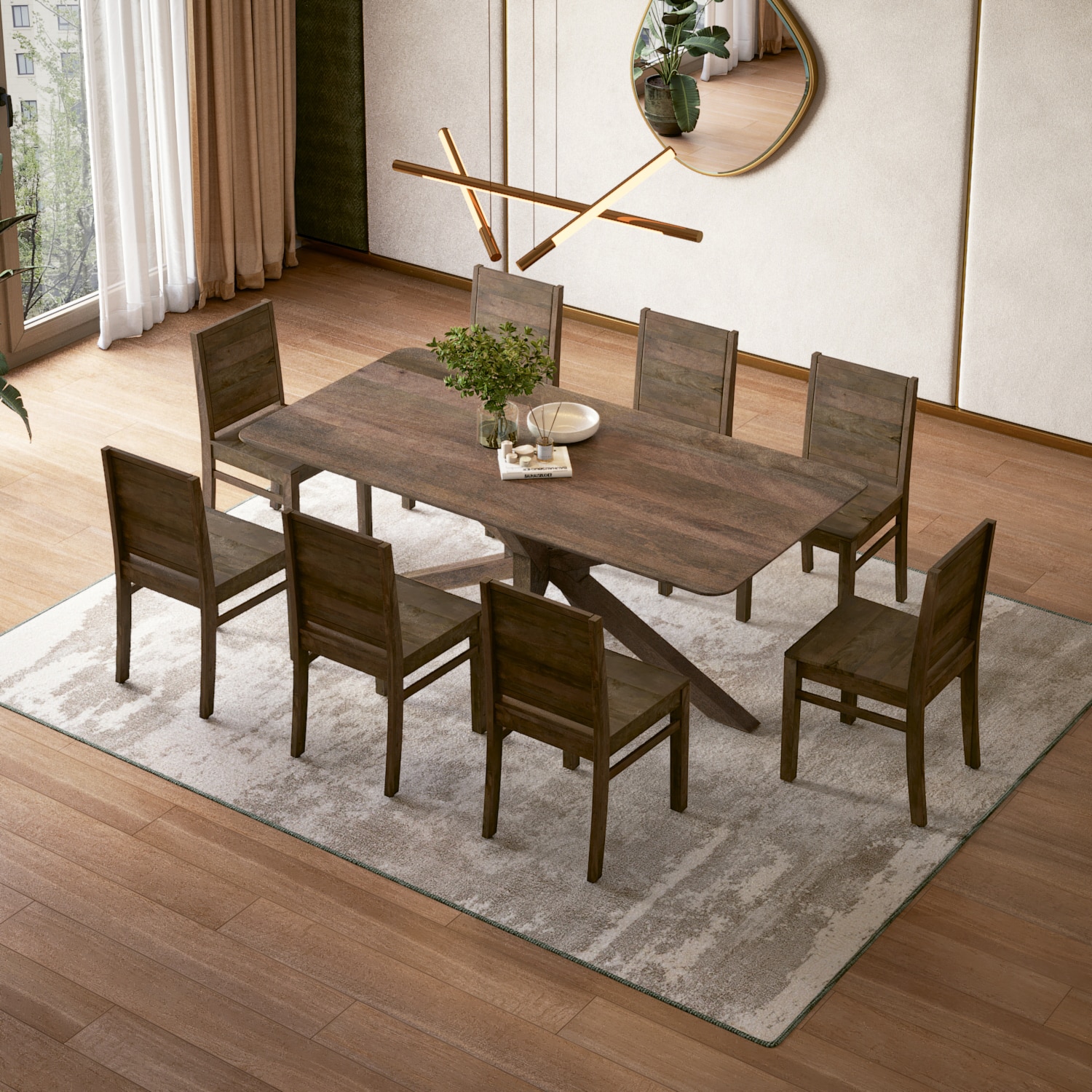 Anderson Solid Wood 8-Seater Dining Table With 8 Atlas Wooden Seat (Finish : Danish Walnut, Chair Colour : Walnut)