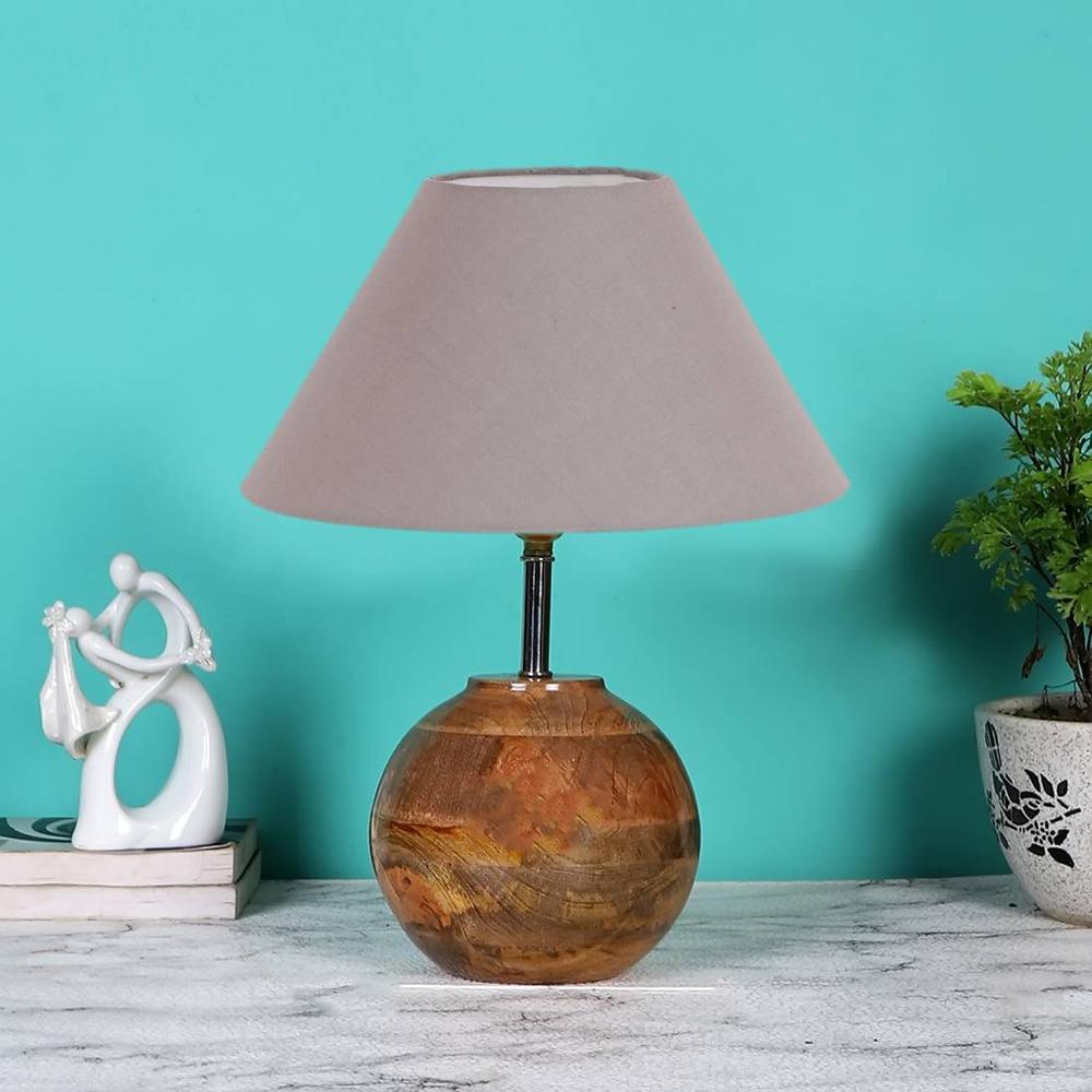 Grey cotton with Natural Wood Table Lamp