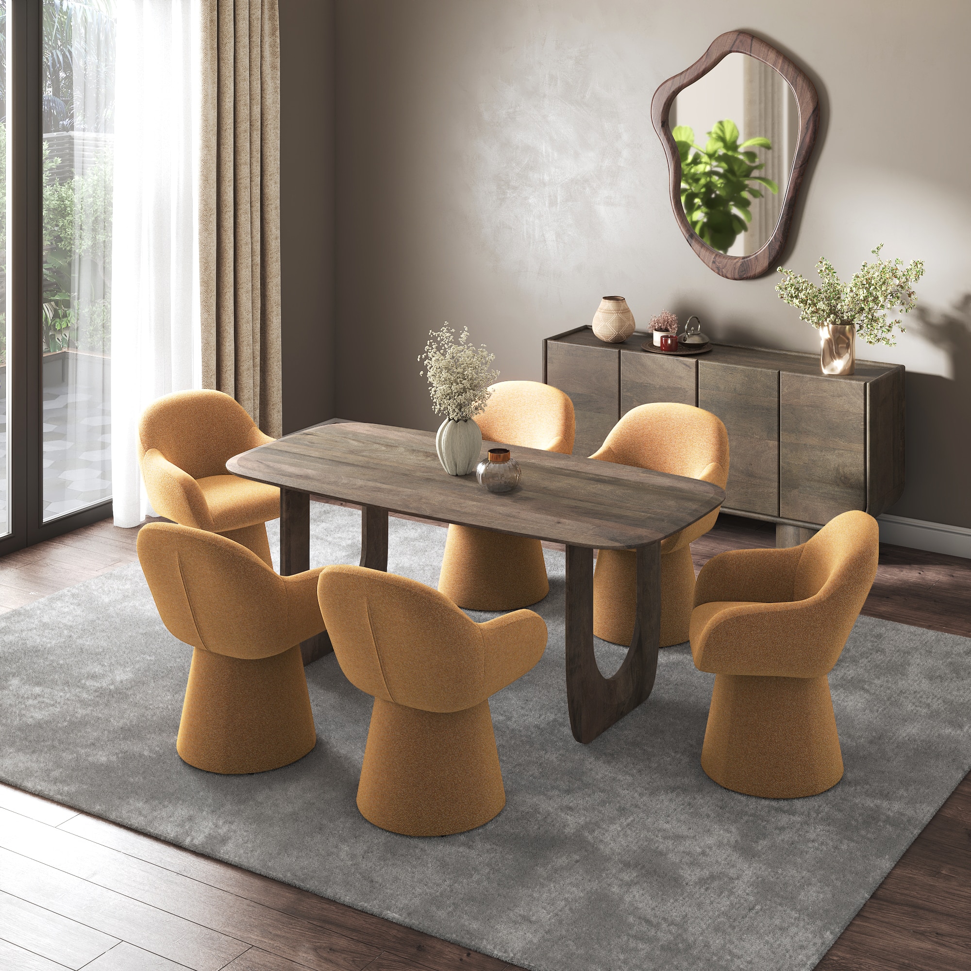 Aero Solid Wood 6 Seater Dining Table With 6 Selene Upholstered Accent Chairs (Finish : Danish Walnut, Chair Colour : Mustard) - Urban Ladder