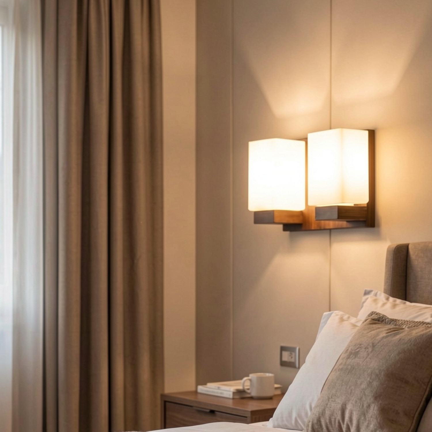 Eliante Wooden Wall Lights Wood, Glass & Material Brown Dark & White Finish