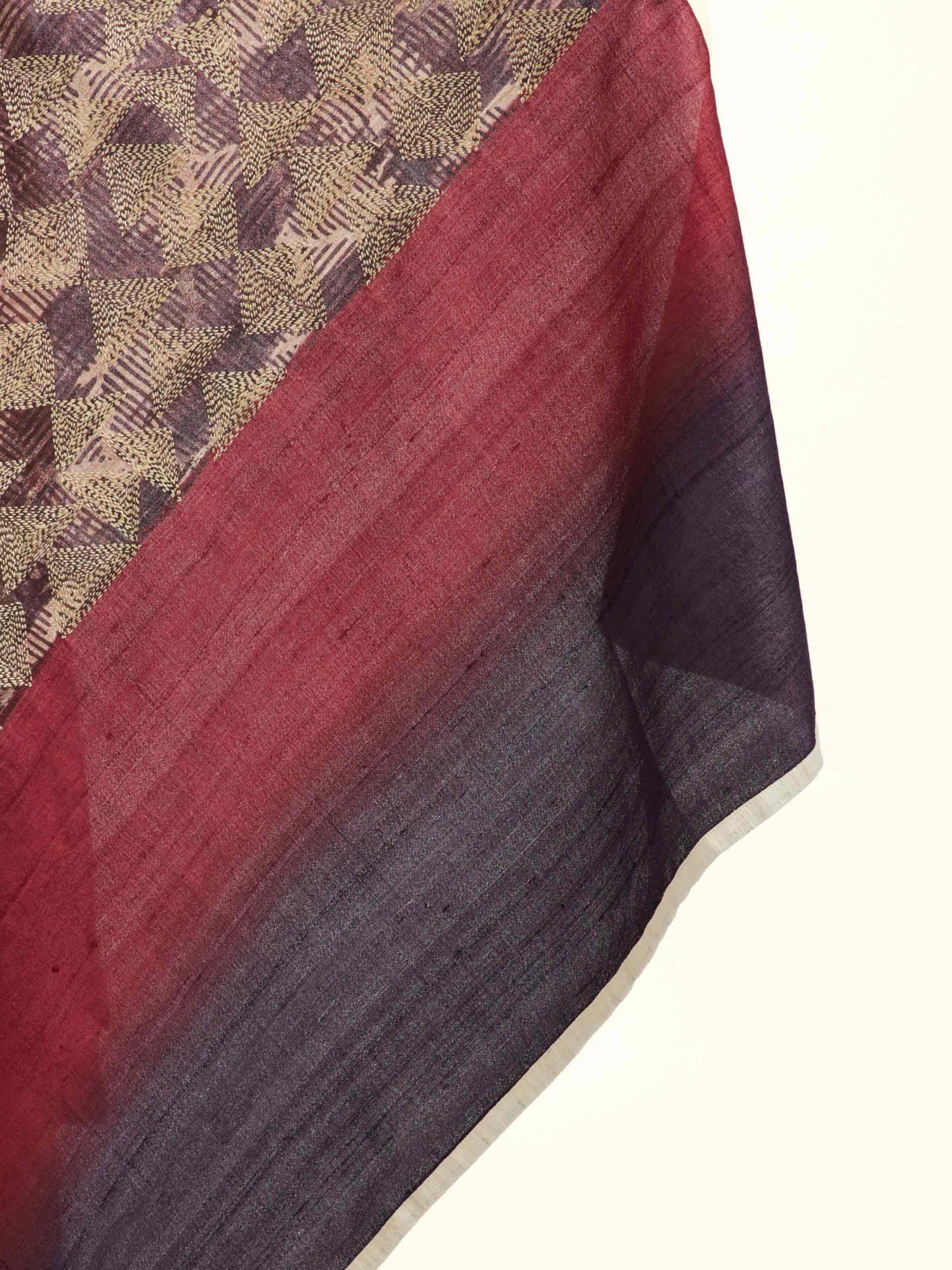 Grey Silk Kantha Hand Embroidered Dupatta