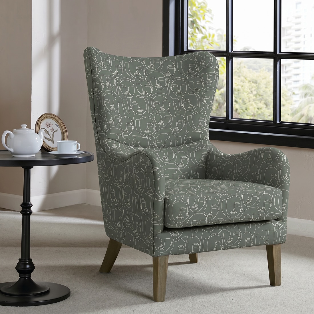 Carolina Printed Human Canvas Fabric Wing Chair in Green Colour - KURSIWALLAH